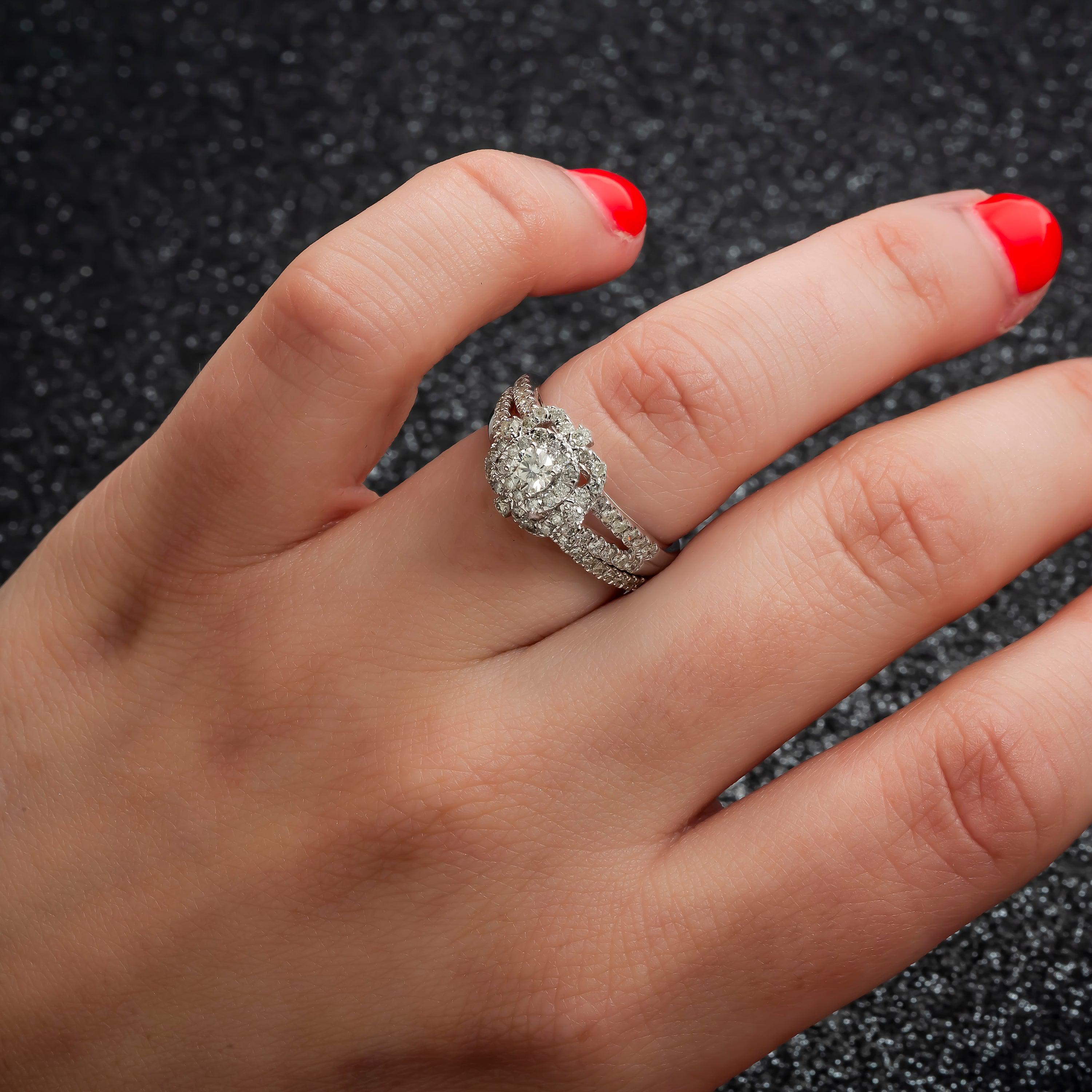 14K GOLD FLOWER SET DIAMOND TIERED HALO BRIDAL SET 1.14 CTW