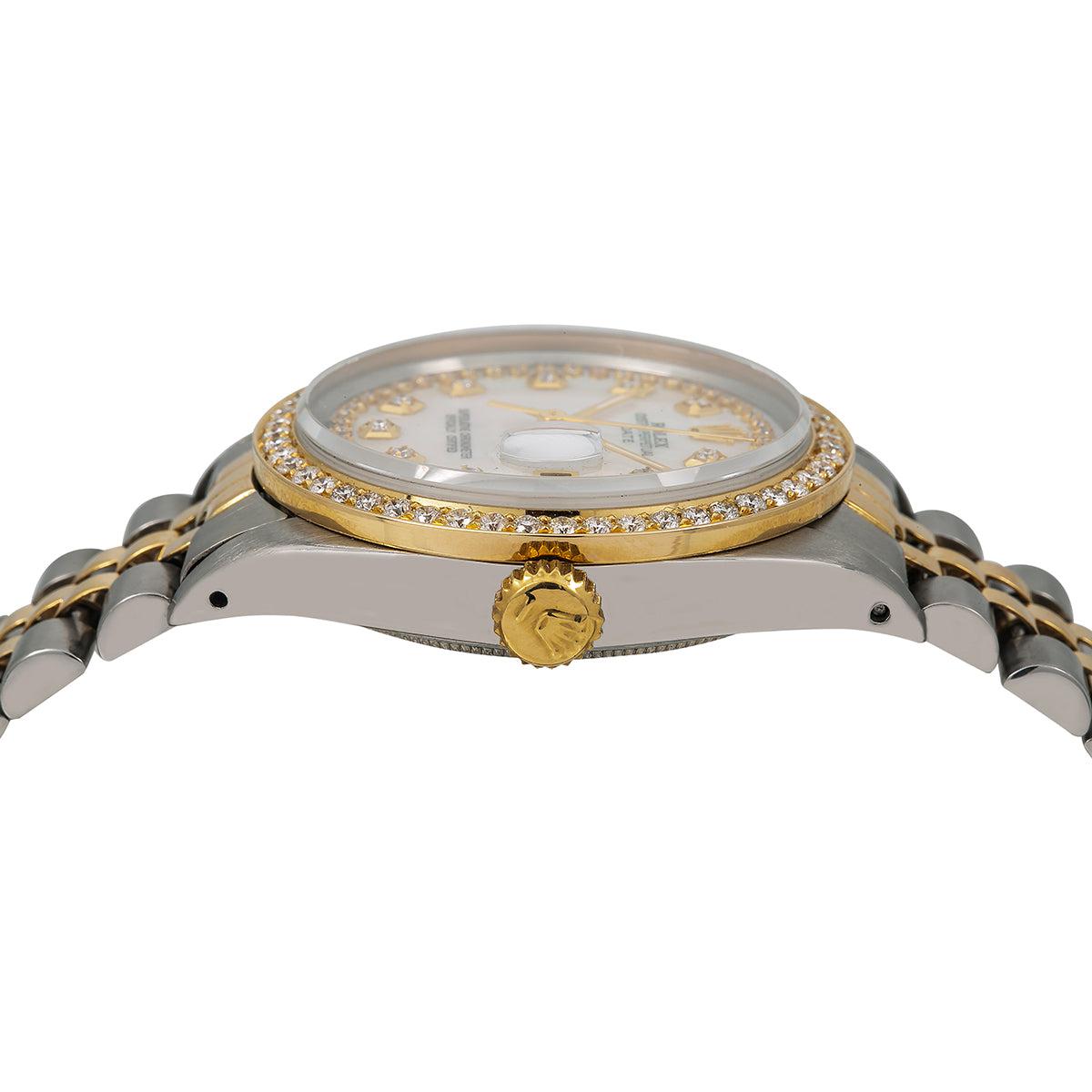 Rolex Oyster Perpetual Diamond Watch, Date 1500 34mm, Mother of Pearl Diamond Dial With Two Tone Oyster Bracelet