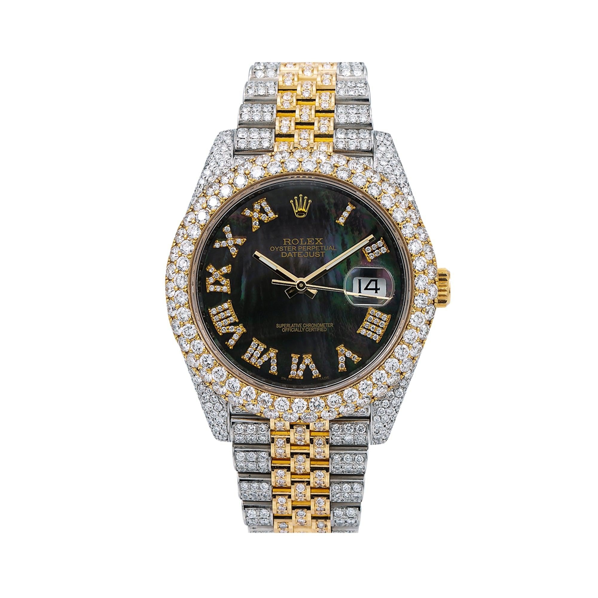 Rolex Datejust 41MM 126333 Black Mother of Pearl Roman Dial Diamond Bezel Two Tone Full Diamond Jubilee Bracelet