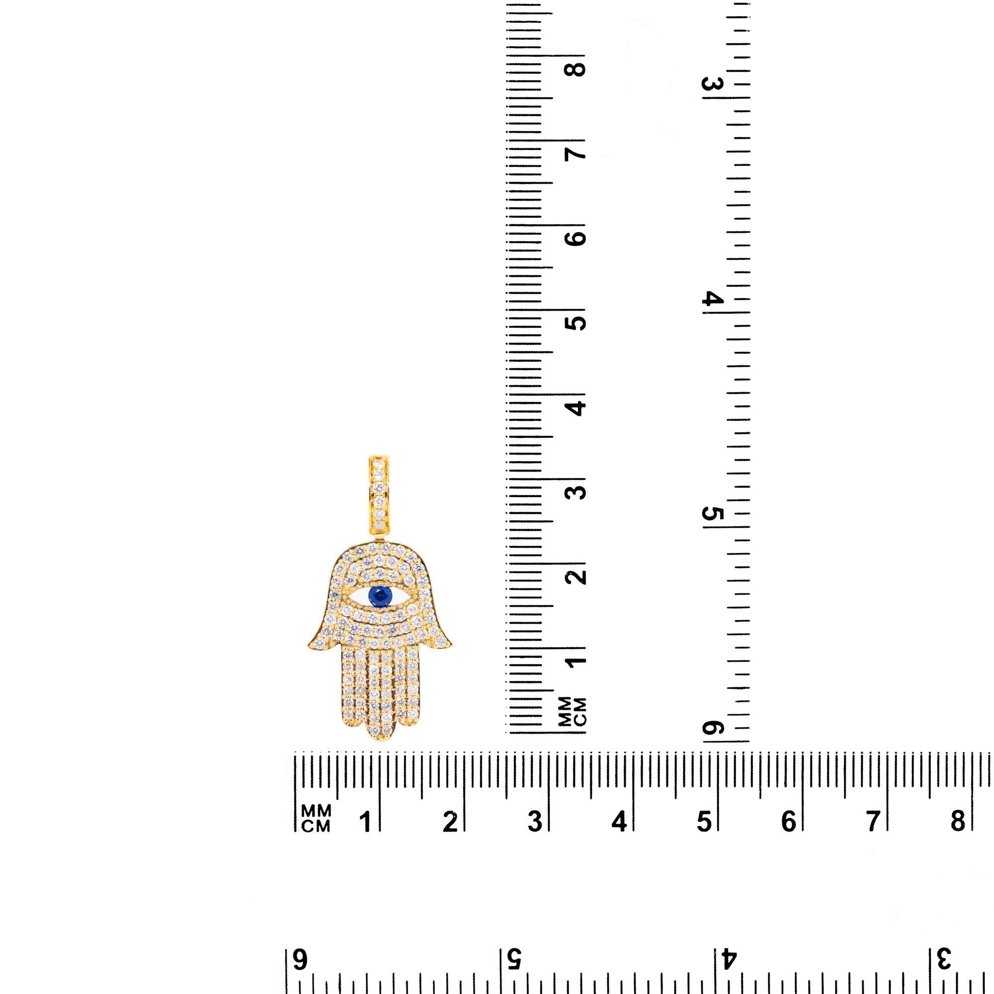 14K Yellow Gold Unisex Hamsa Pendant with 1.091 CT Diamond and 0.15 CT Sapphire