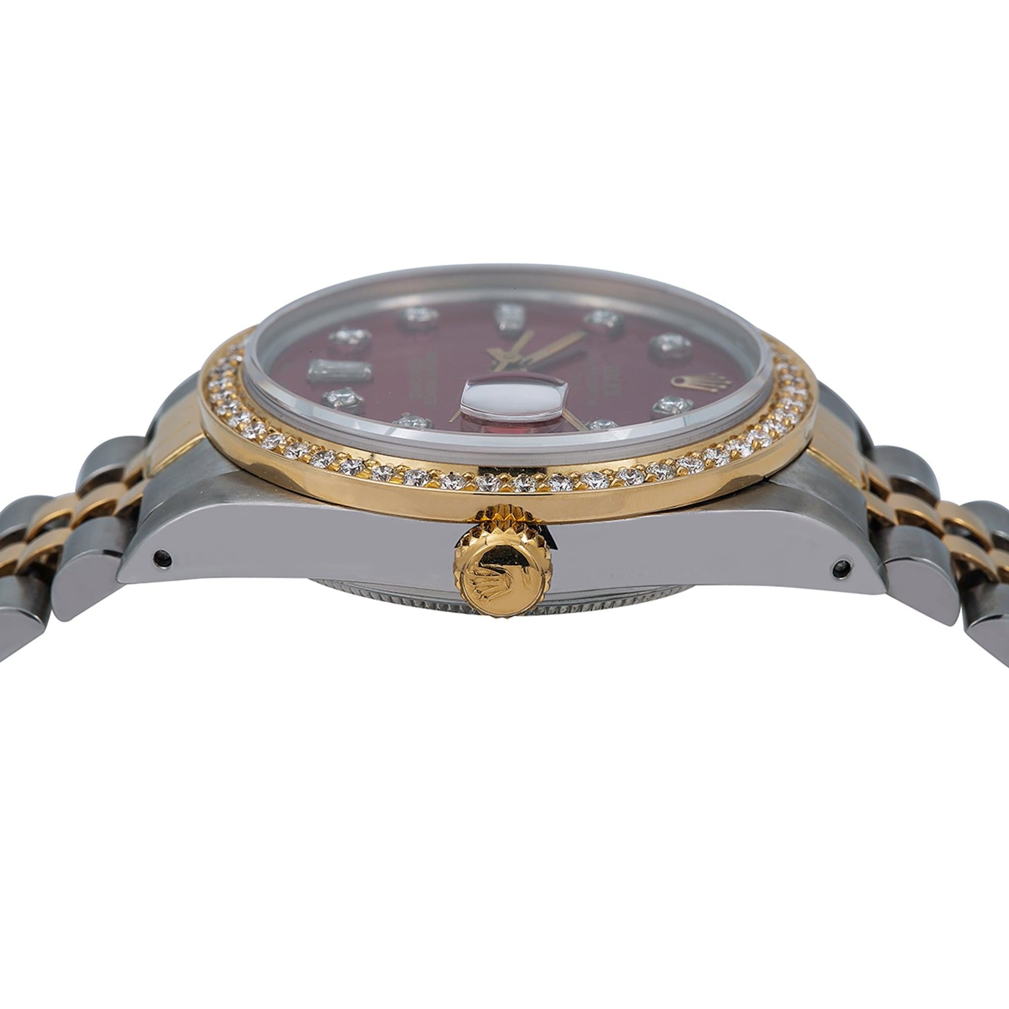 Rolex Oyster Perpetual Diamond Watch, Date 15053 34mm, Red Diamond Dial With Two Tone Jubilee Bracelet