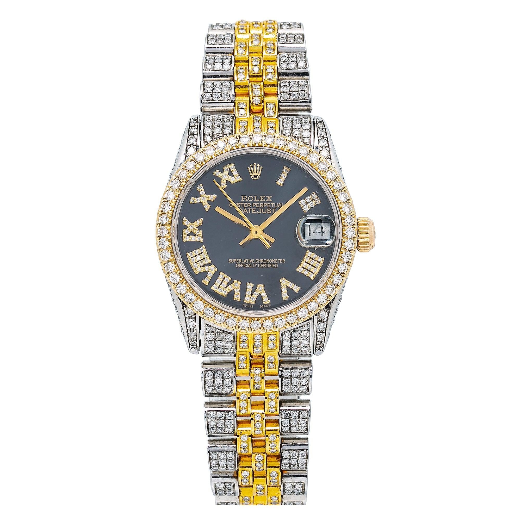 Rolex Datejust 31MM 68273 Black Roman Dial Diamond Bezel Two Tone Full Diamond Jubilee Bracelet