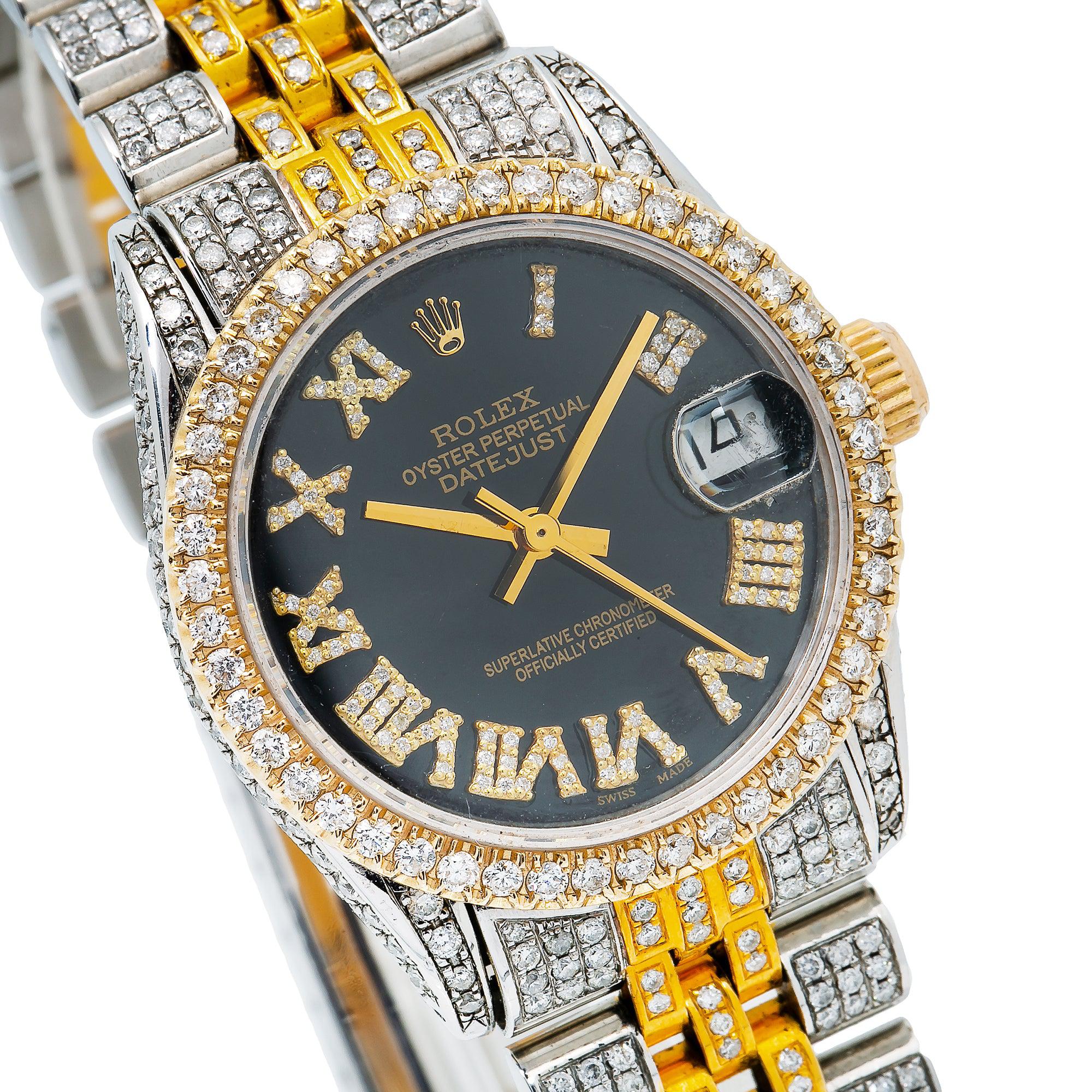 Rolex Datejust 31MM 68273 Black Roman Dial Diamond Bezel Two Tone Full Diamond Jubilee Bracelet