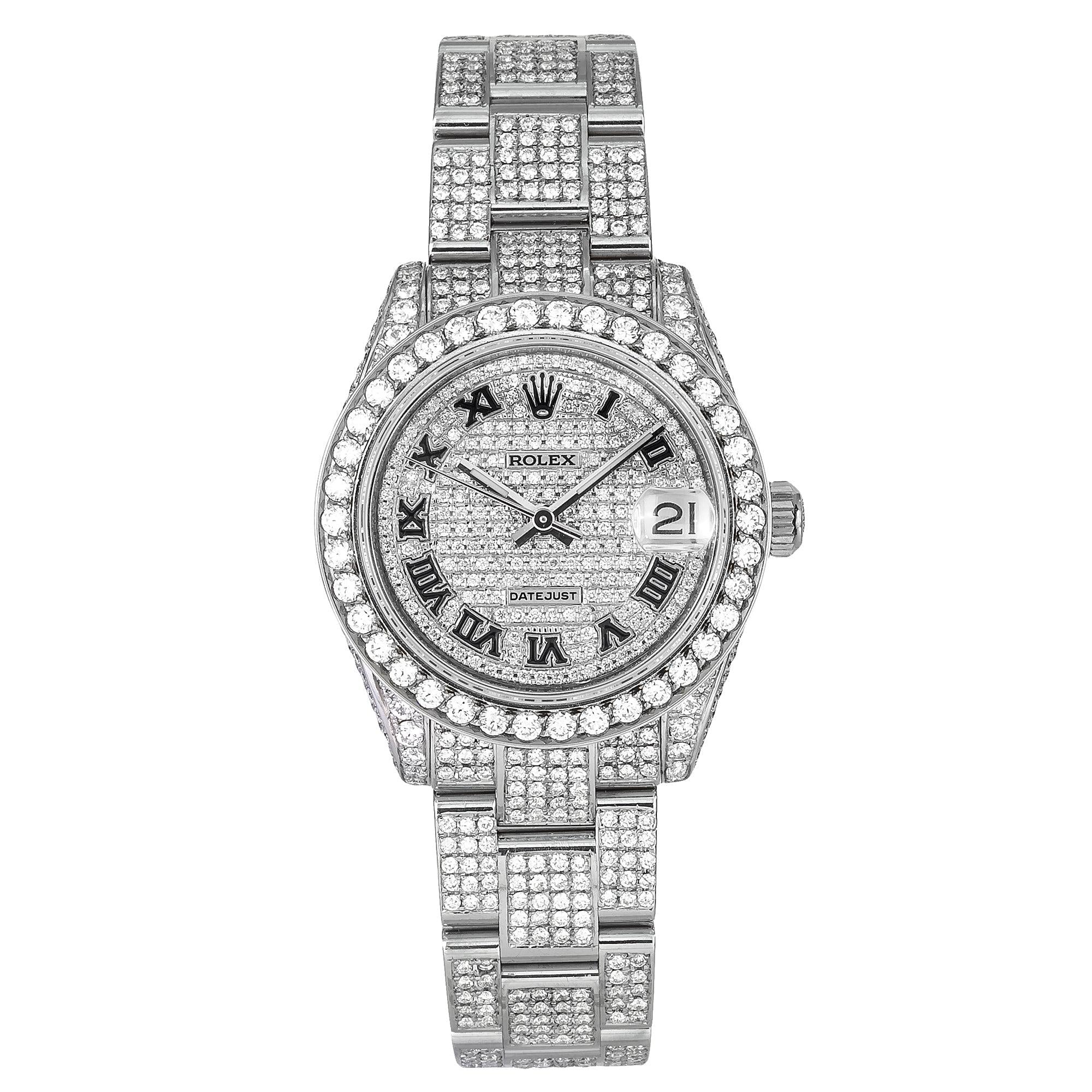 Rolex Datejust 31MM 178240 Diamond Paved Roman Dial Diamond Bezel Full Diamond Oyster Bracelet 8.75ct