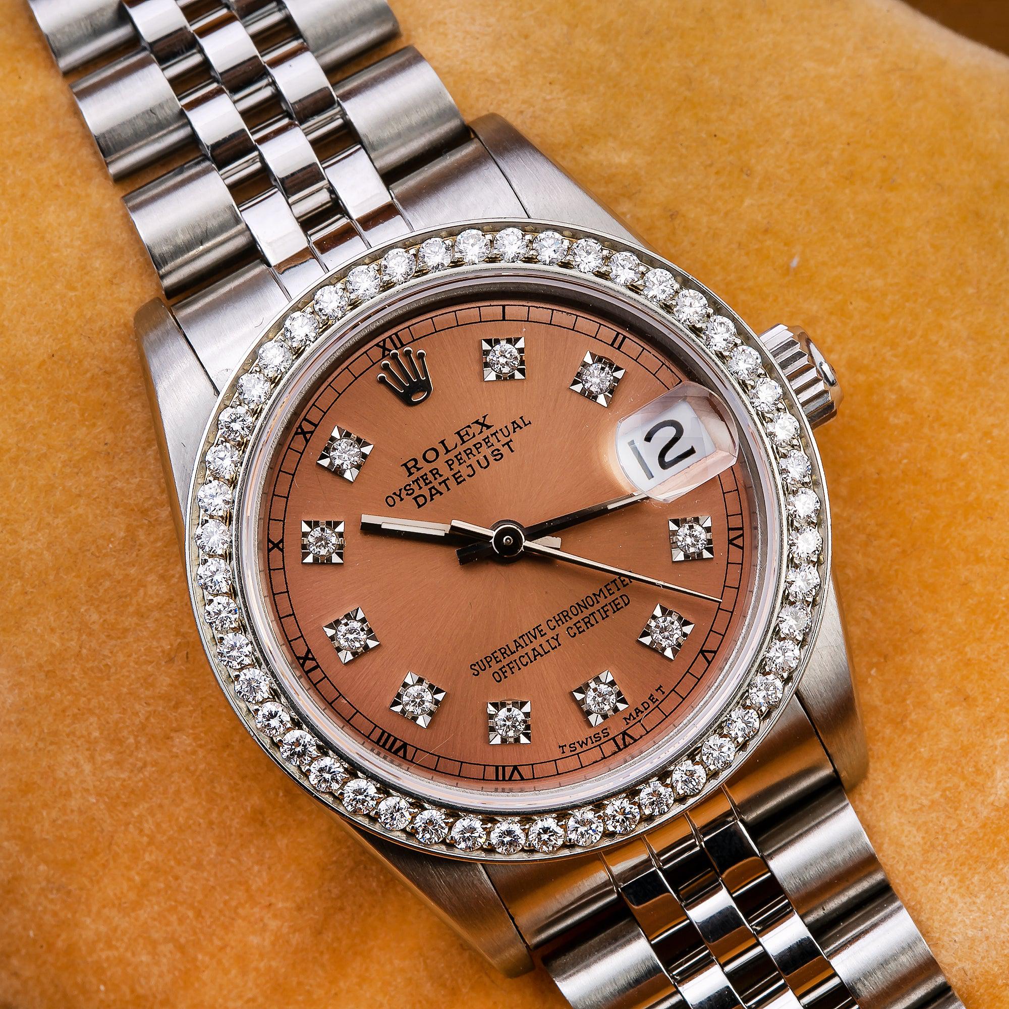 Rolex Lady-Datejust Diamond Watch, 68240 31mm, Pink Custom Diamond Dial With Stainless Steel Jubilee