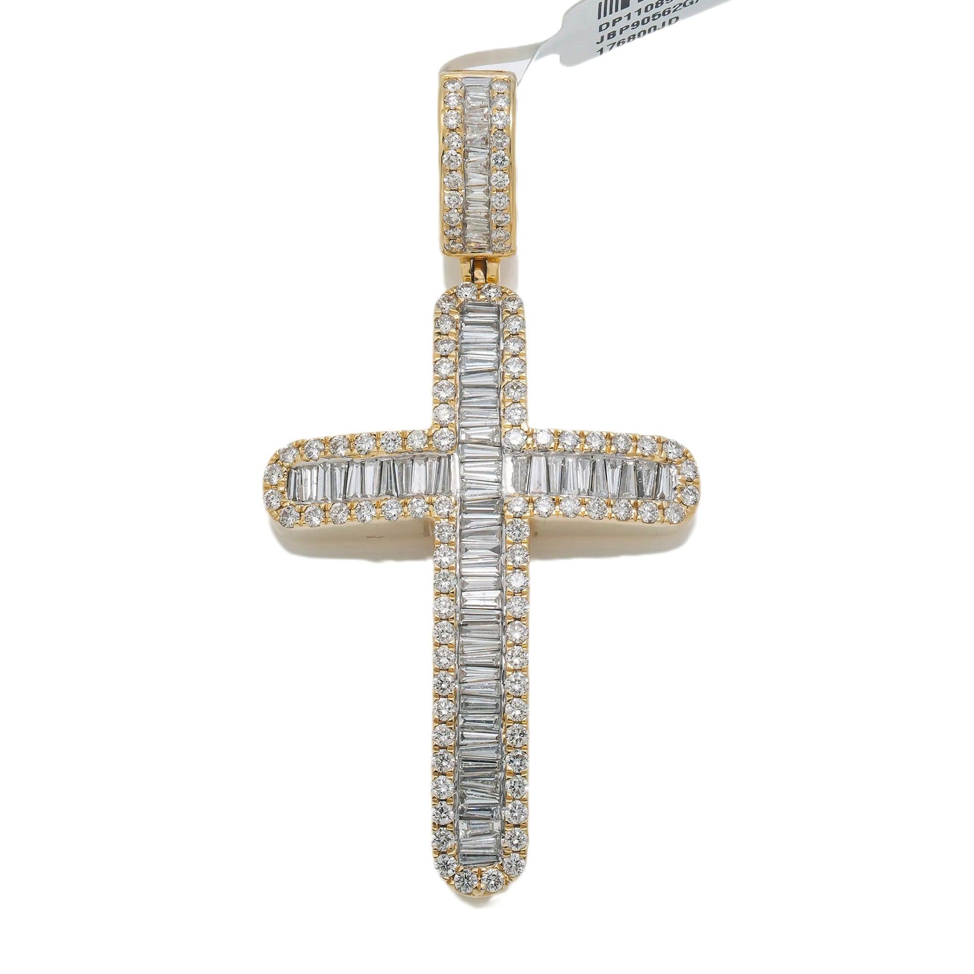 14K GOLD BAGUETTE AND ROUND DIAMOND CROSS PENDANT 4.75 CT