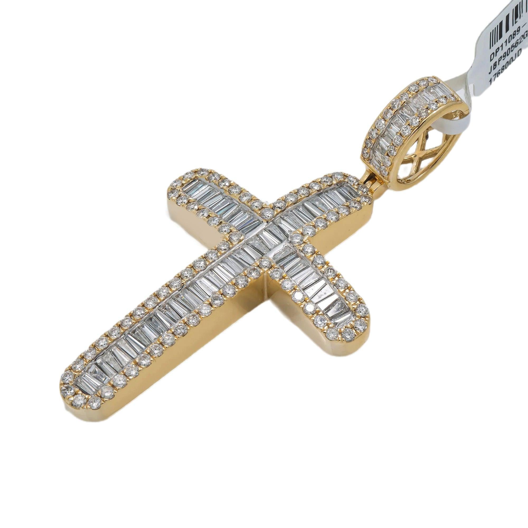 14K GOLD BAGUETTE AND ROUND DIAMOND CROSS PENDANT 4.75 CT