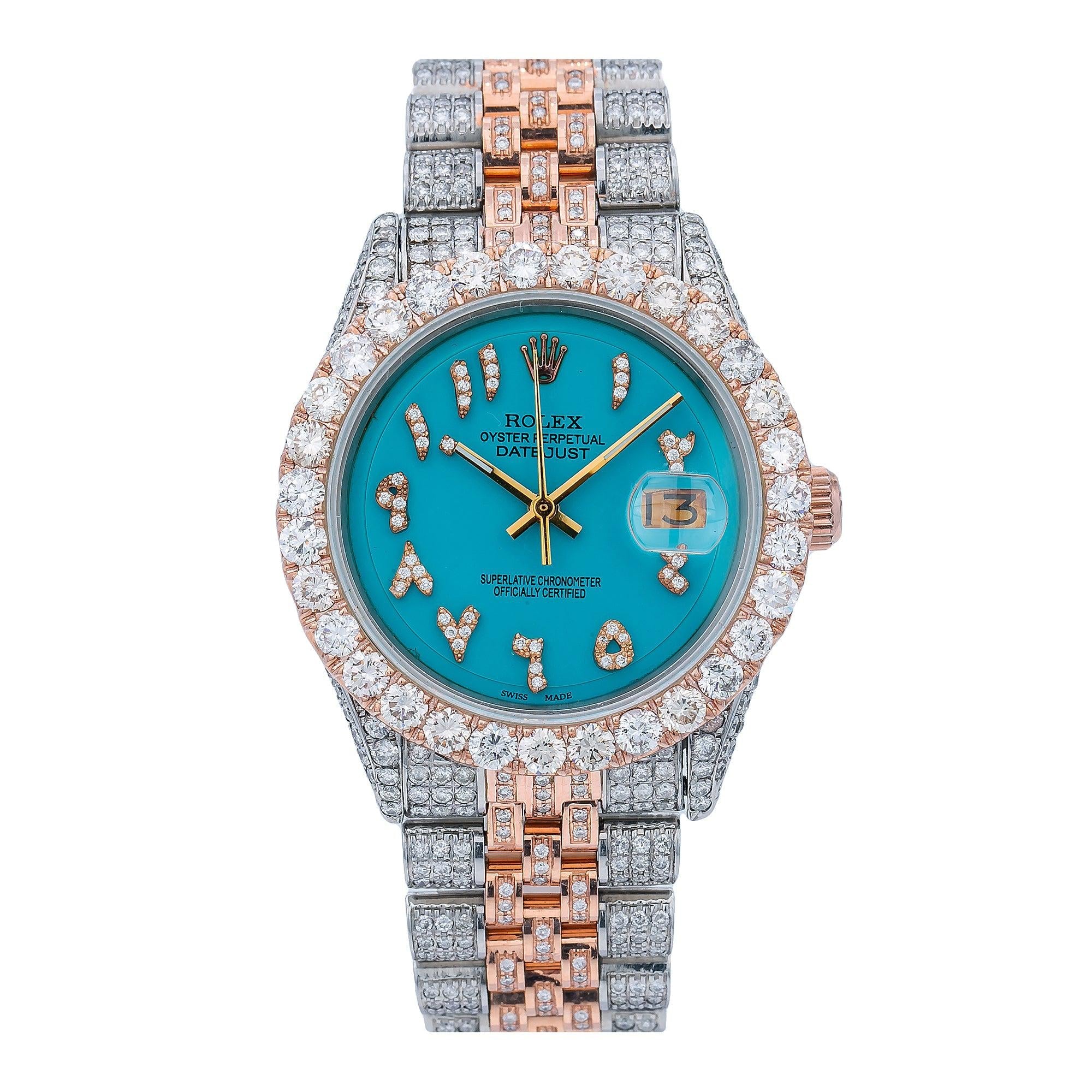 Rolex Datejust 36MM 1601 Turquoise Eastern Arabic Dial Diamond Bezel Two Tone Full Diamond Jubilee Bracelet