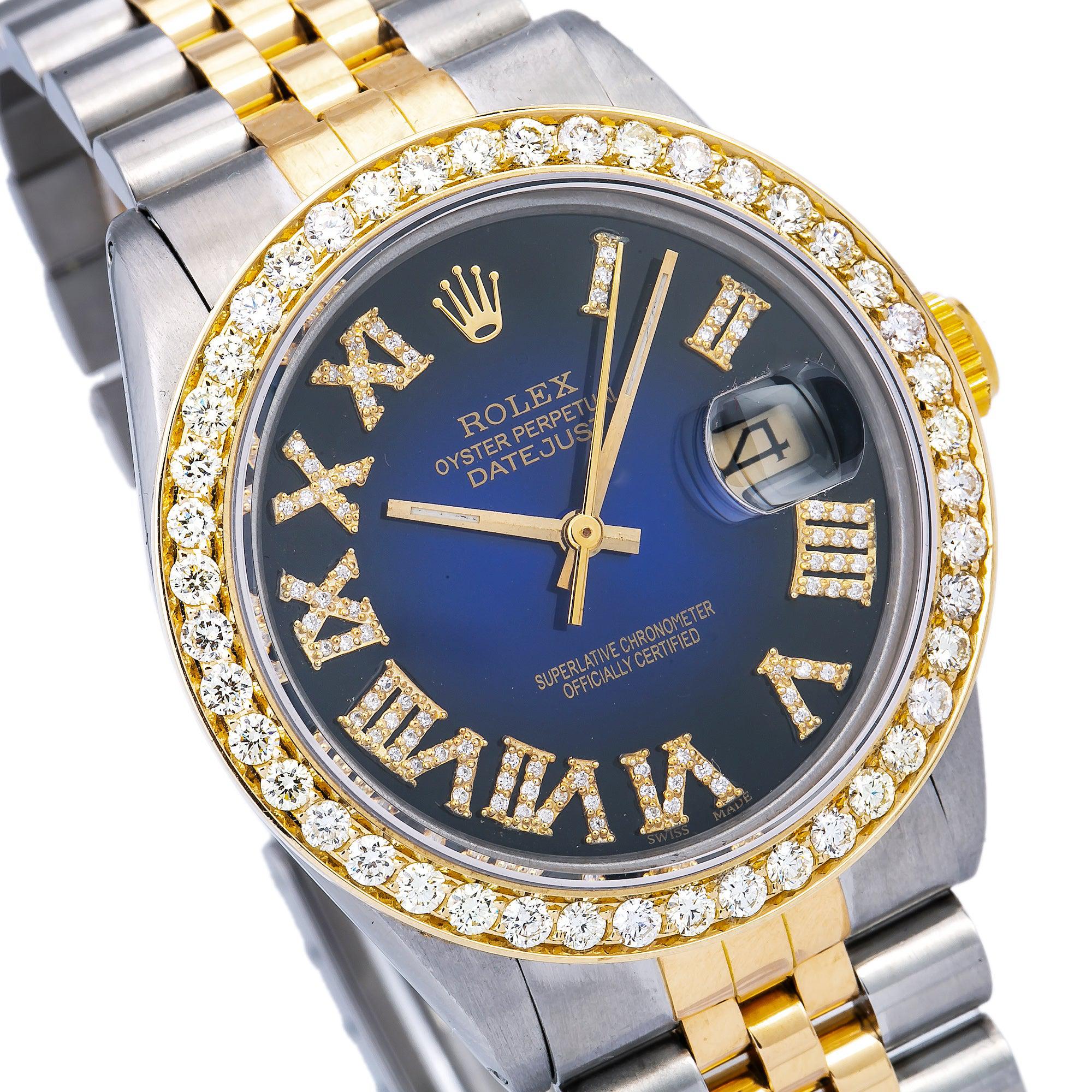 Rolex Datejust Diamond Watch 16014 36mm Blue Custom Diamond Dial With 1.35 CT Diamonds
