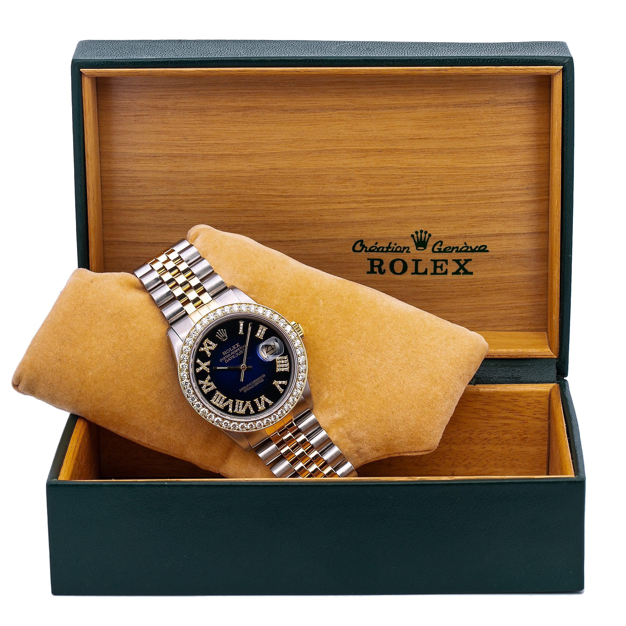 Rolex Datejust Diamond Watch 16014 36mm Blue Custom Diamond Dial With 1.35 CT Diamonds