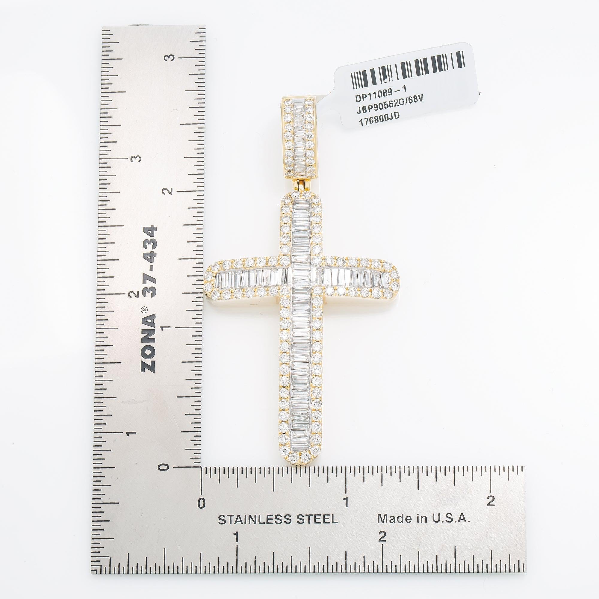 14K GOLD BAGUETTE AND ROUND DIAMOND CROSS PENDANT 4.75 CT