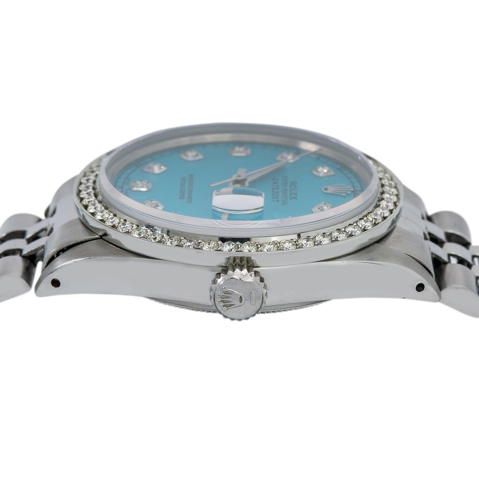Rolex Datejust Diamond Watch, 16014 36mm, Blue Custom Diamond Dial With Stainless Steel Ju