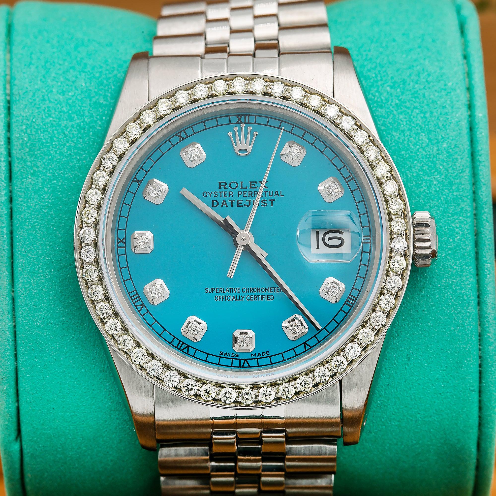 Rolex Datejust Diamond Watch, 16014 36mm, Blue Custom Diamond Dial With Stainless Steel Ju
