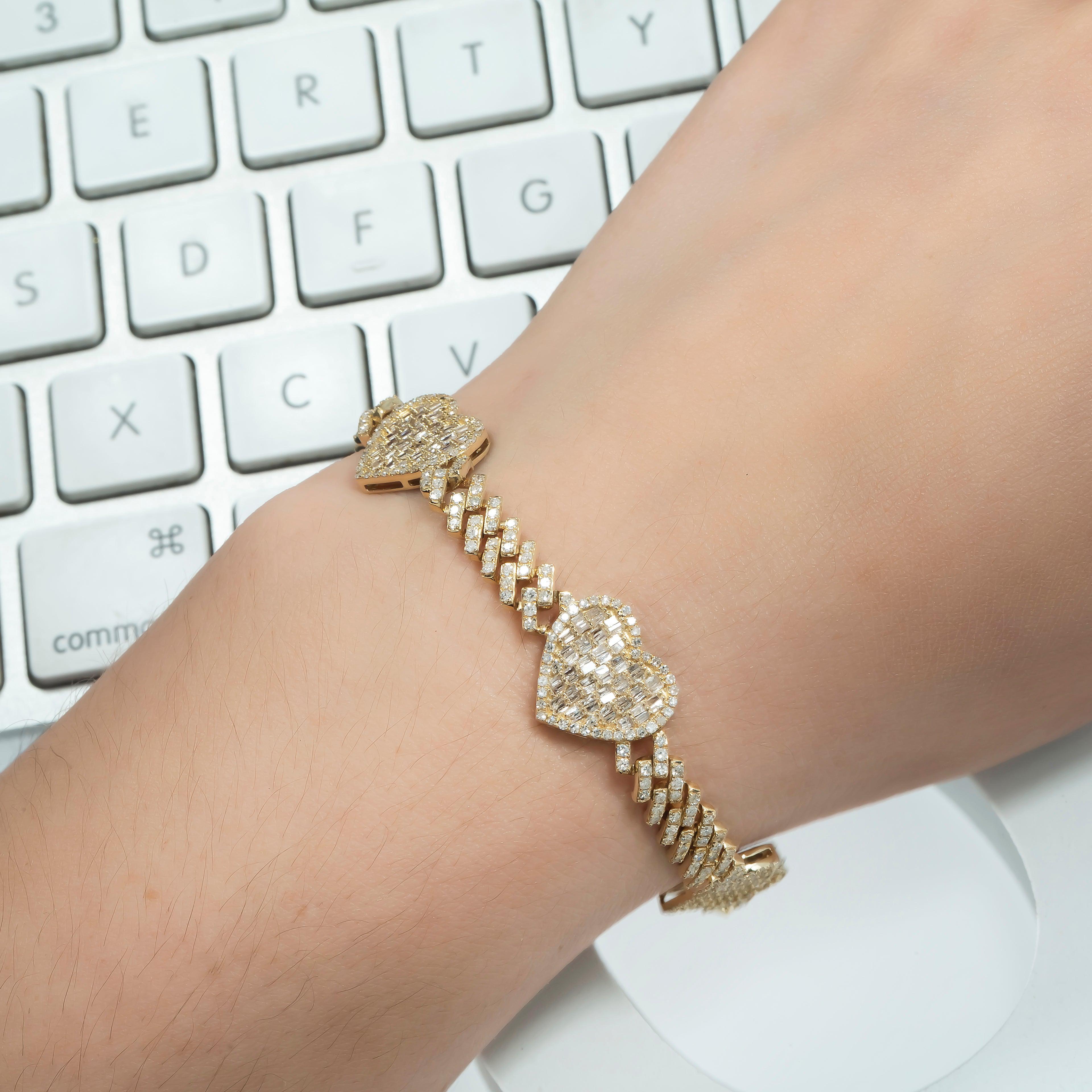 14K GOLD CUBAN HEARTS BRACELET 3.59 CT DIAMONDS