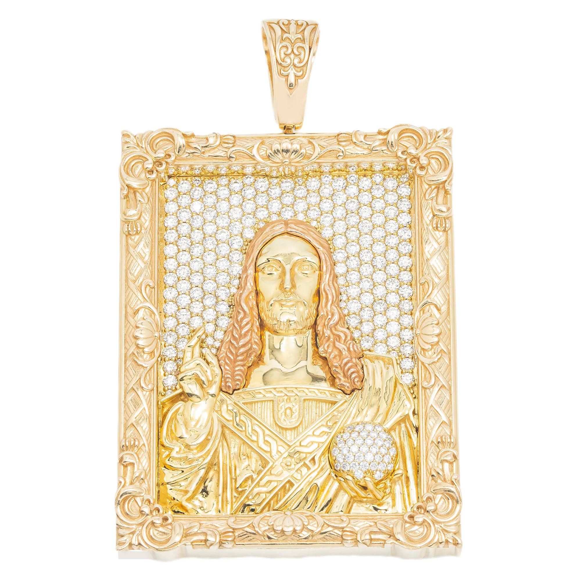 14K GOLD DIAMOND CUSTOM TWO TONE JESUS FRAME PENDANT 6.50 CT