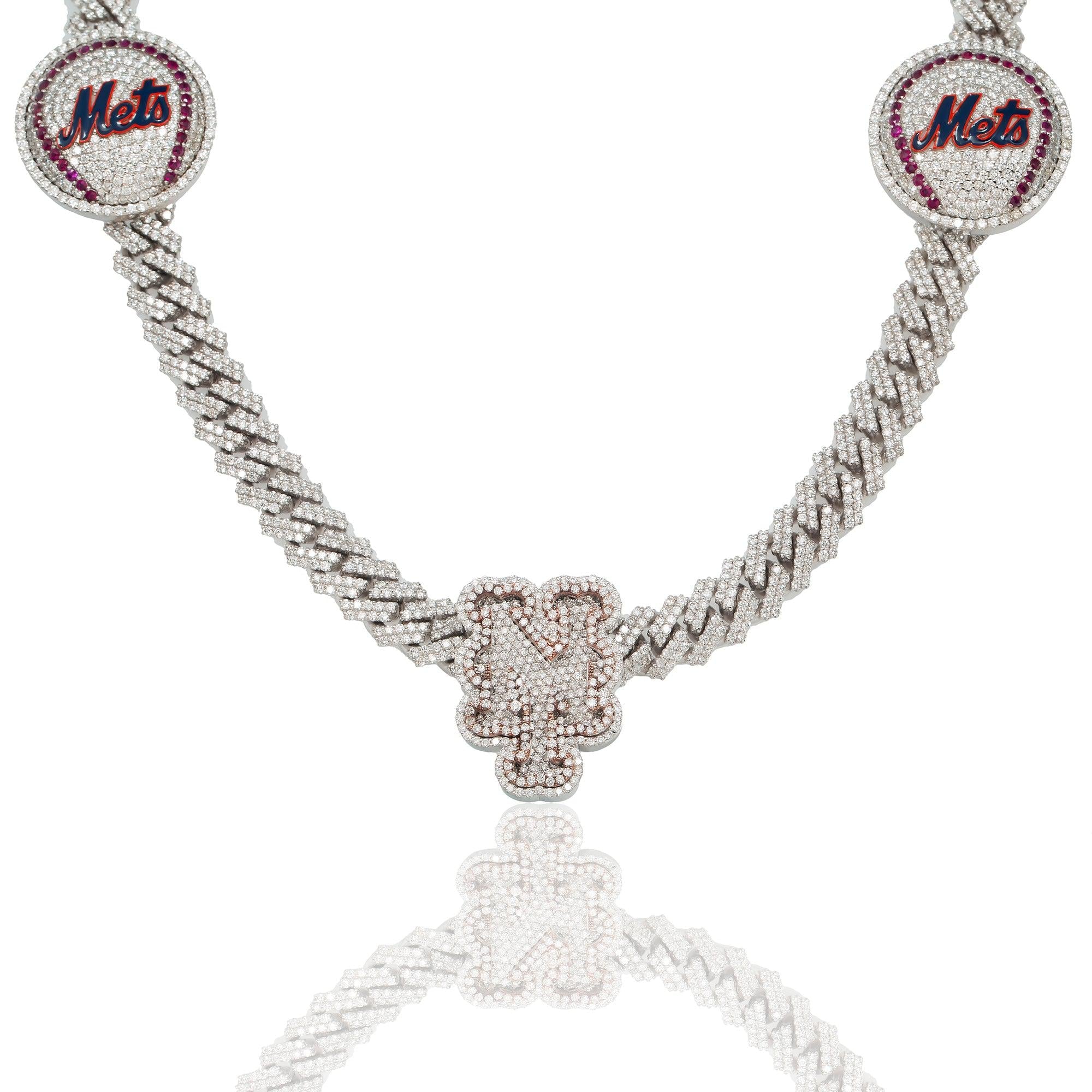 WHITE GOLD ROUND DIAMOND NEW YORK METS CUSTOM CUBAN CHAIN