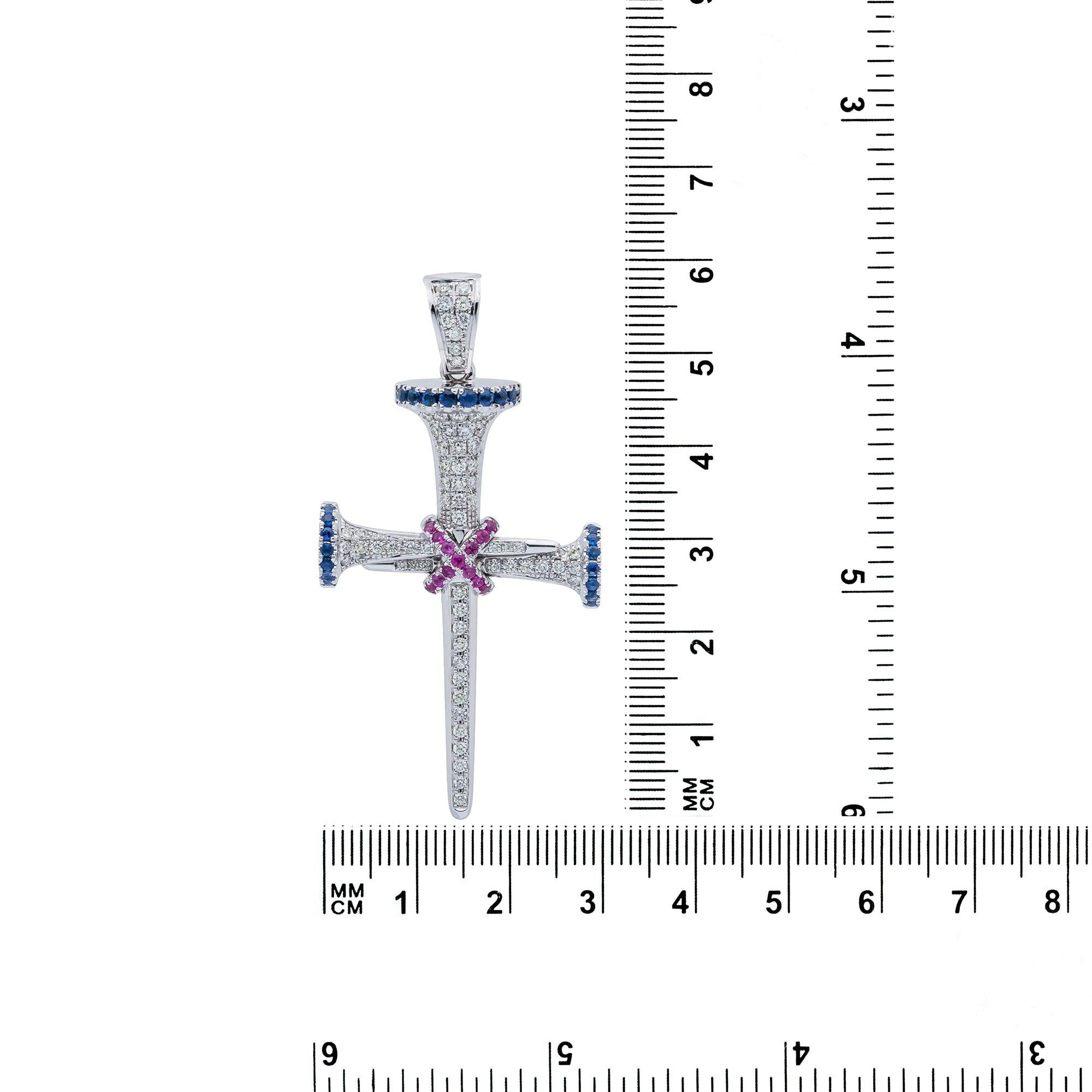 Unisex 14K White Gold Cross Pendant with 0.55 CT Diamonds and 0.45 Ct Sapphire