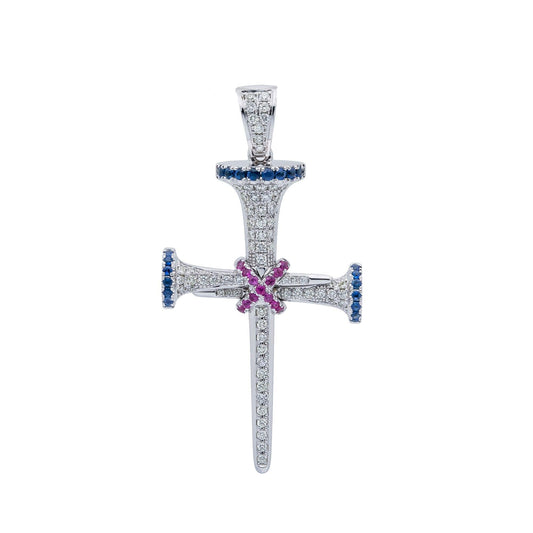 Unisex 14K White Gold Cross Pendant with 0.55 CT Diamonds and 0.45 Ct Sapphire