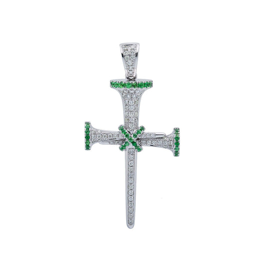 Unisex 14K White Gold Cross Pendant with 0.52 CT Diamonds and 0.45 Ct Emerald