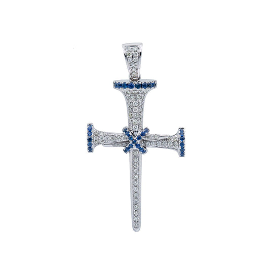 Unisex 14K White Gold Cross Pendant with 0.55 CT Diamonds and 0.40 Ct Sapphire