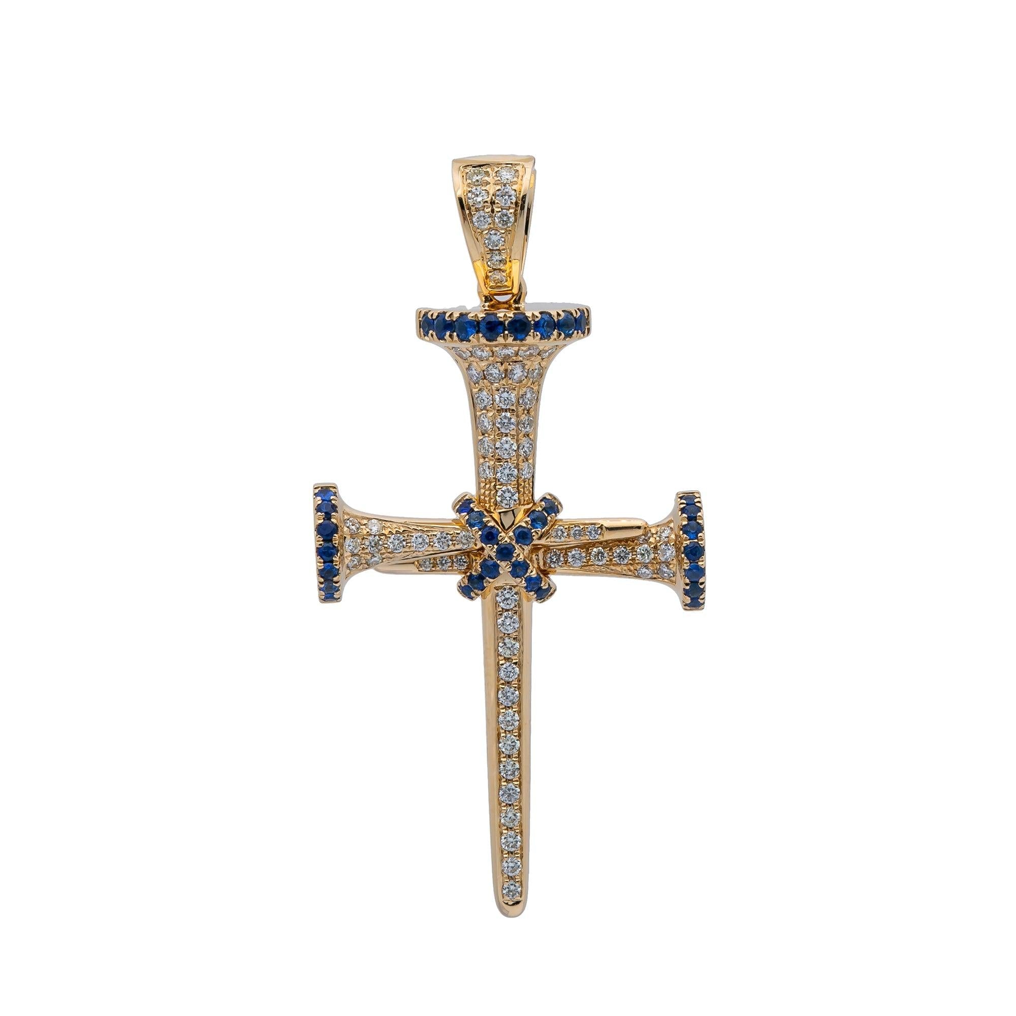 Unisex 14K Yellow Gold Cross Pendant with 0.55 CT Diamonds and 0.50 Ct Sapphire