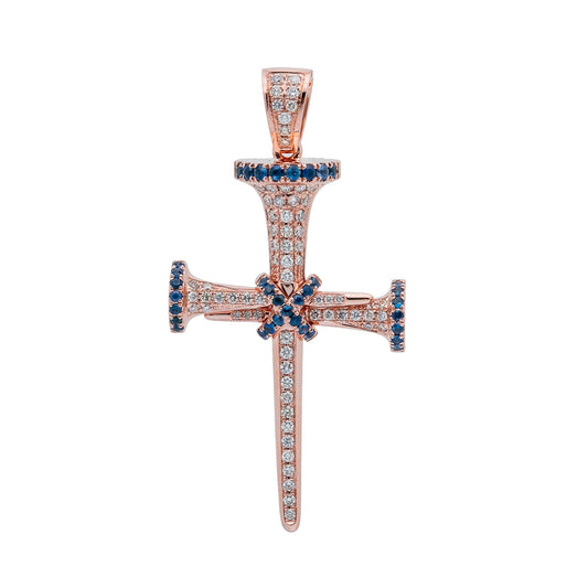 Unisex 14K Rose Gold Cross Pendant with 0.53 CT Diamonds and 0.40 Ct Sapphire