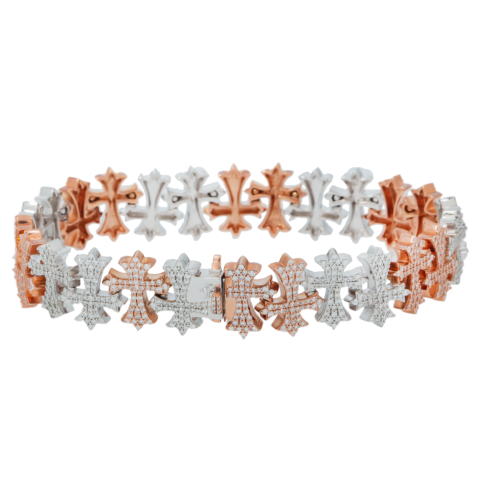 10K GOLD TWO TONE ROUND DIAMONDS CROSSES CHAIN BRACELET 5.89 CT