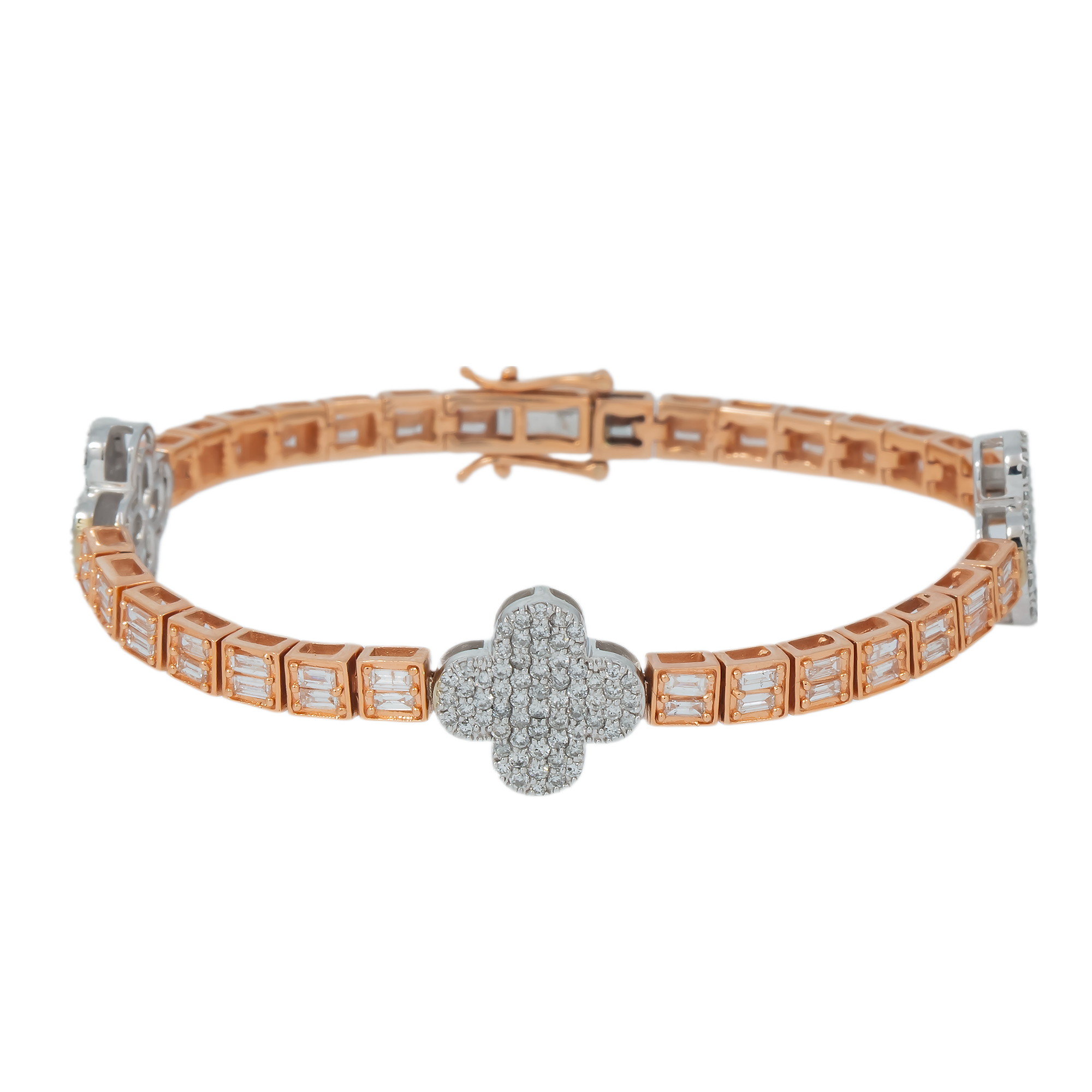 10K GOLD TWO TONE ROUND AND BAGUETTE DIAMONDS CLOVER BRACELET 3.50 CT