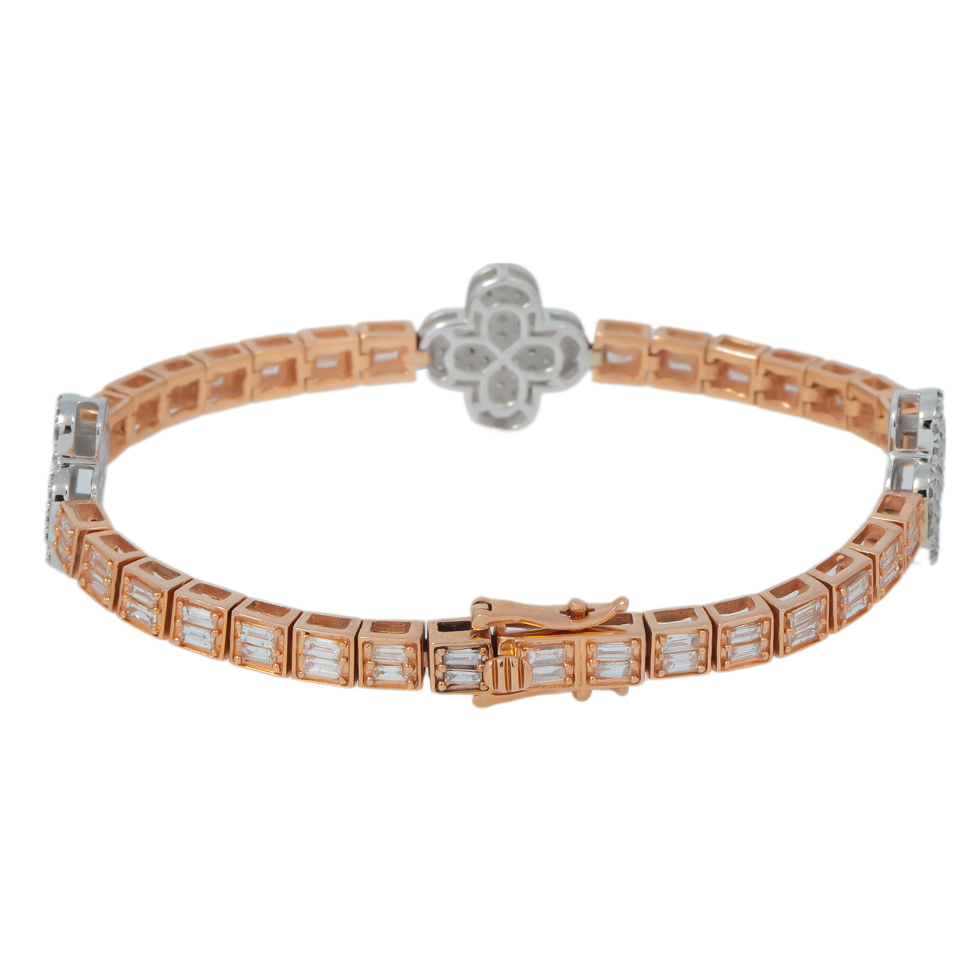 10K GOLD TWO TONE ROUND AND BAGUETTE DIAMONDS CLOVER BRACELET 3.50 CT