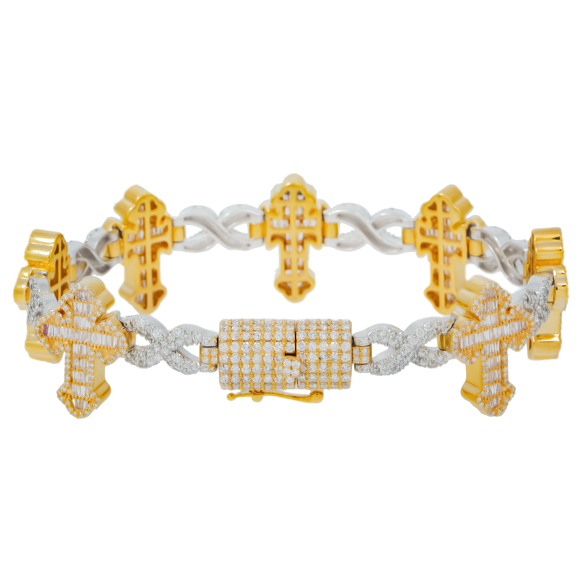 10K GOLD TWO TONE BAGUETTE AND ROUND DIAMONDS CROSS INFINITY CHAIN BRACELET 7.28 CT