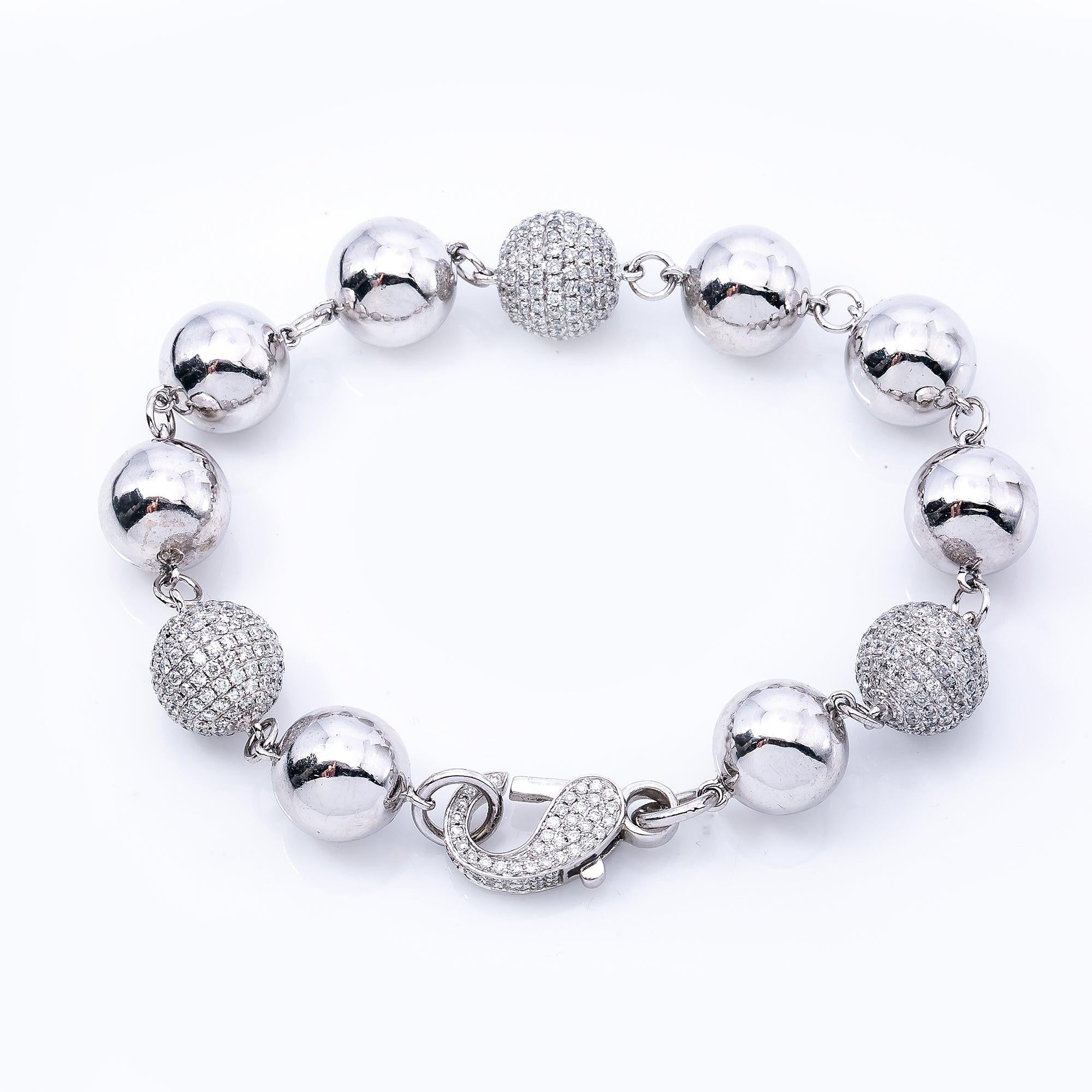 14K GOLD TWO TONE SMALL BALLS BRACELET WITH 3.75 CT DIAMONDS