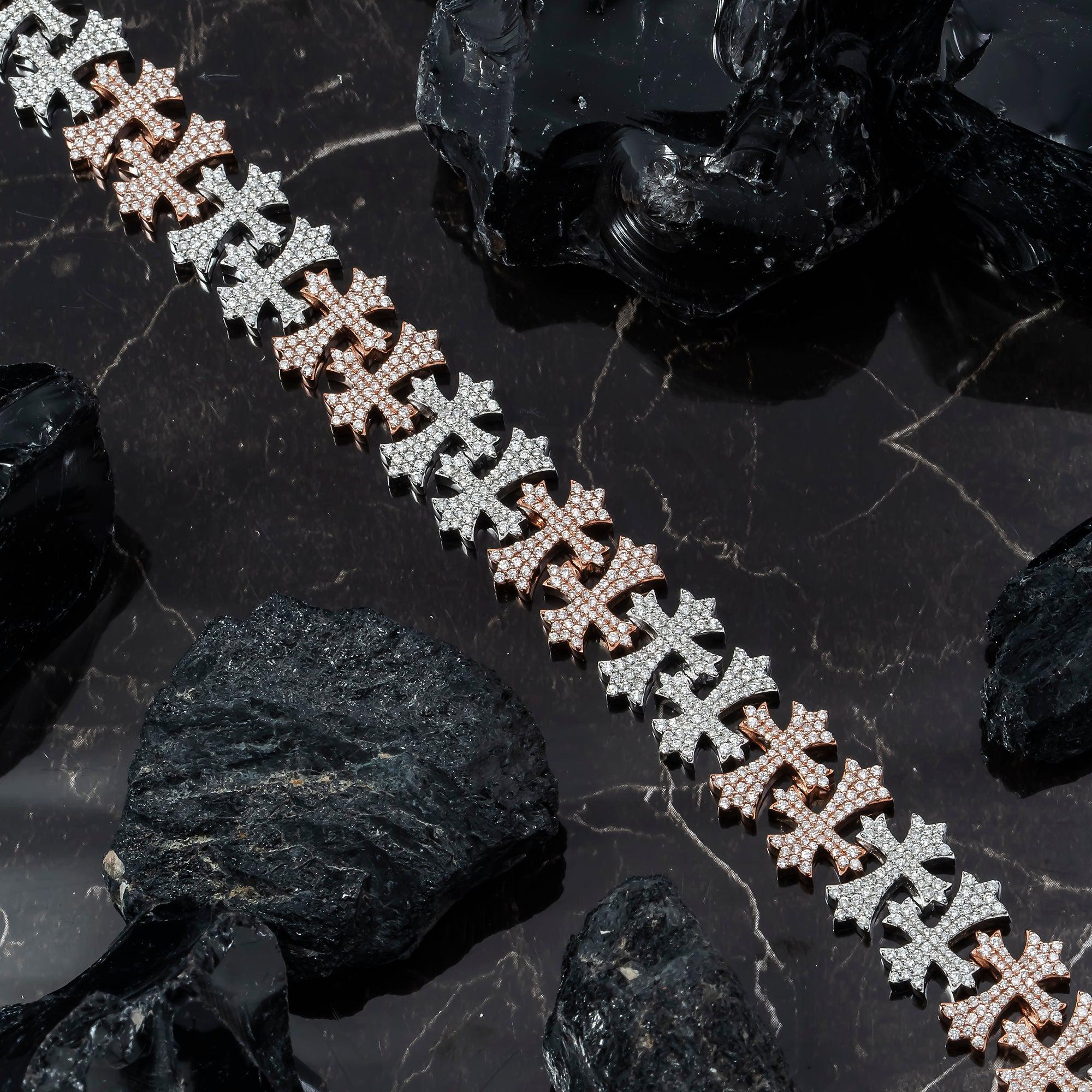 10K GOLD TWO TONE ROUND DIAMONDS CROSSES CHAIN BRACELET 5.89 CT