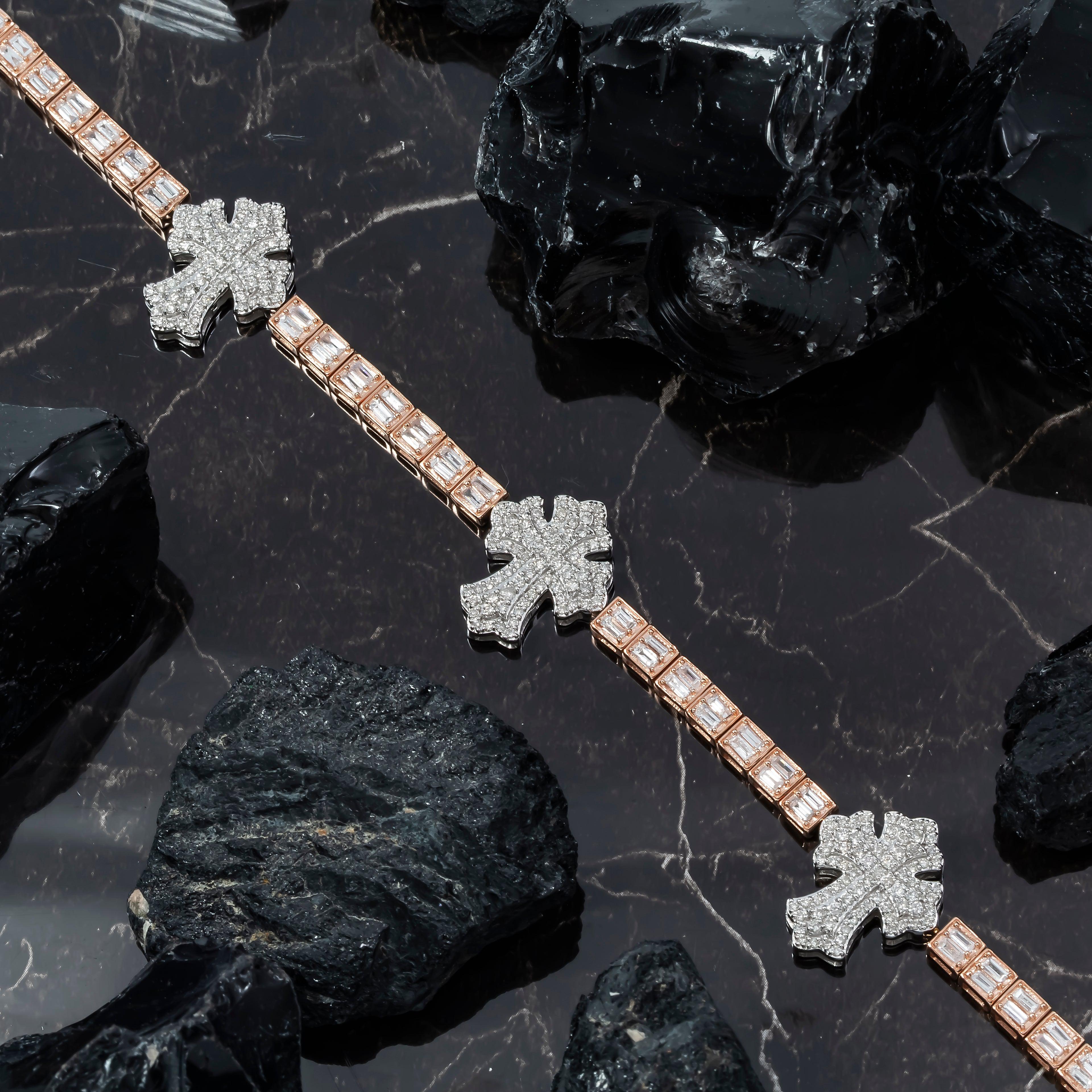 10K GOLD TWO TONE ROUND AND BAGUETTE DIAMONDS CROSS BRACELET 3.75 CT