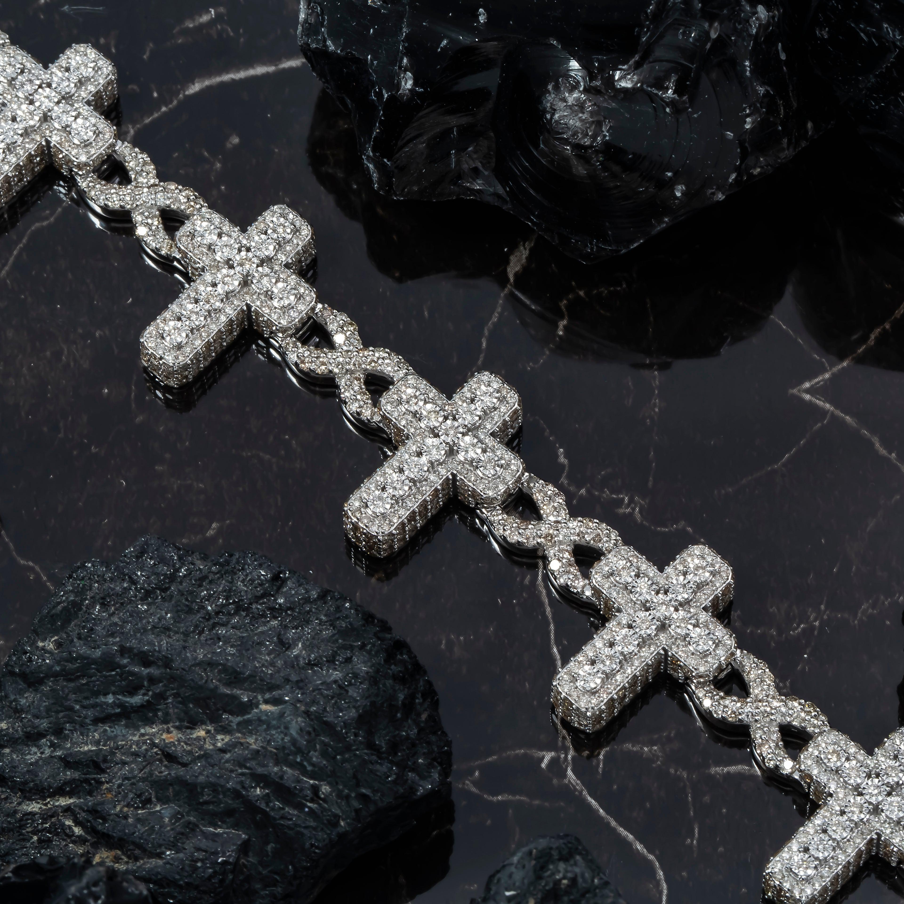 10K GOLD ROUND DIAMONDS CROSS INFINITY CHAIN BRACELET 13.29 CT