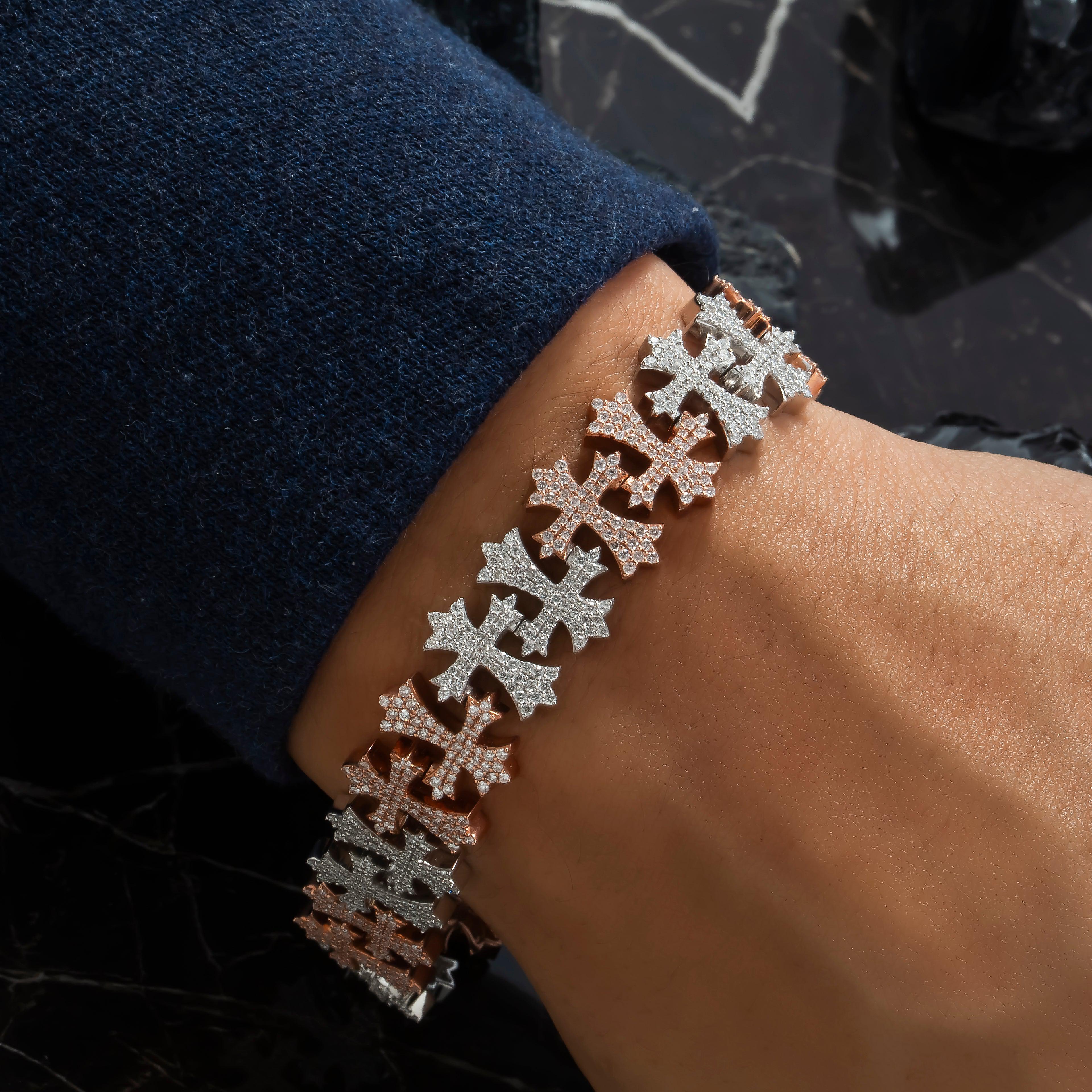 10K GOLD TWO TONE ROUND DIAMONDS CROSSES CHAIN BRACELET 5.89 CT