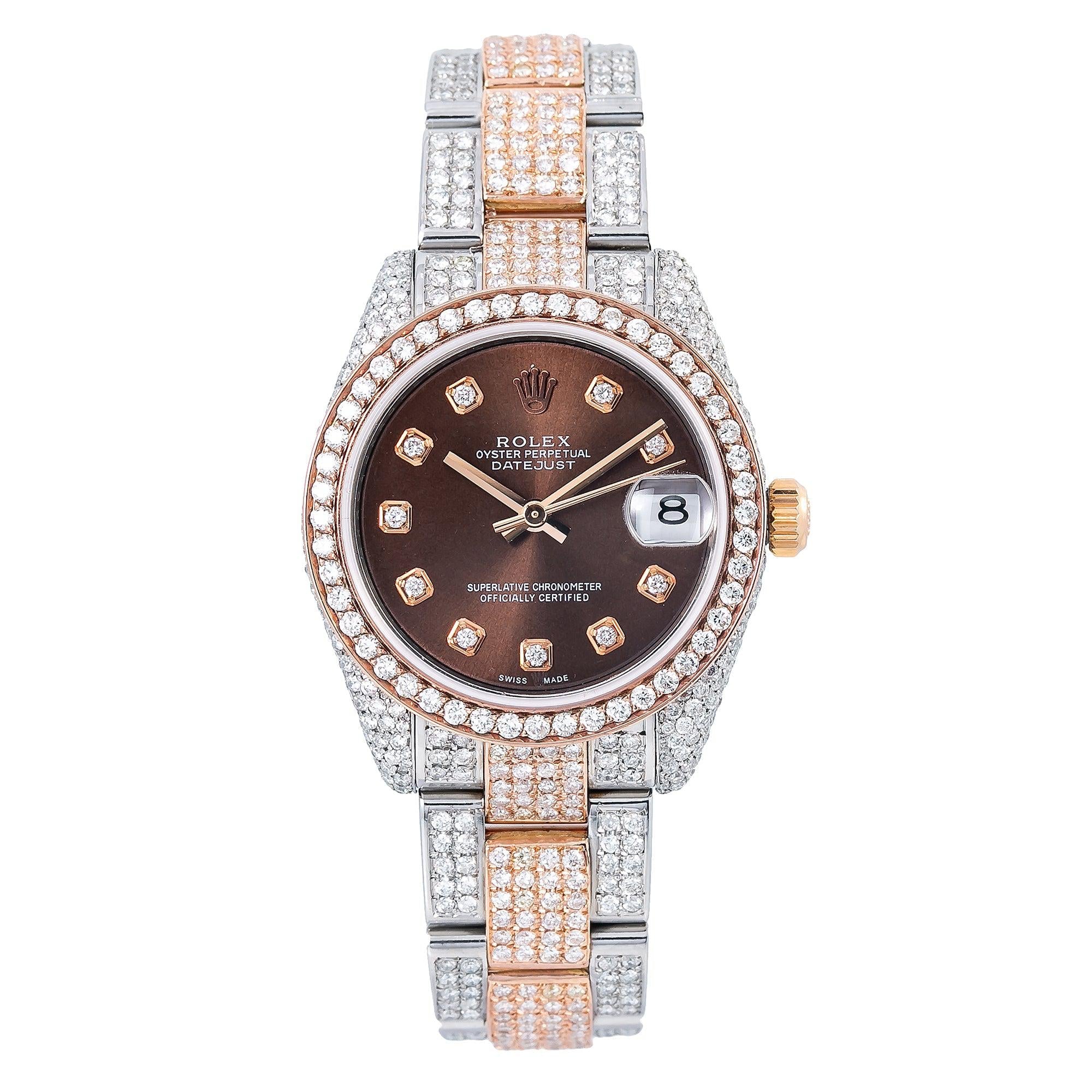 Rolex Datejust 31MM 178271 Chocolate Diamond Dial Diamond Bezel Two Tone Full Diamond Oyster Bracelet 9.75ct