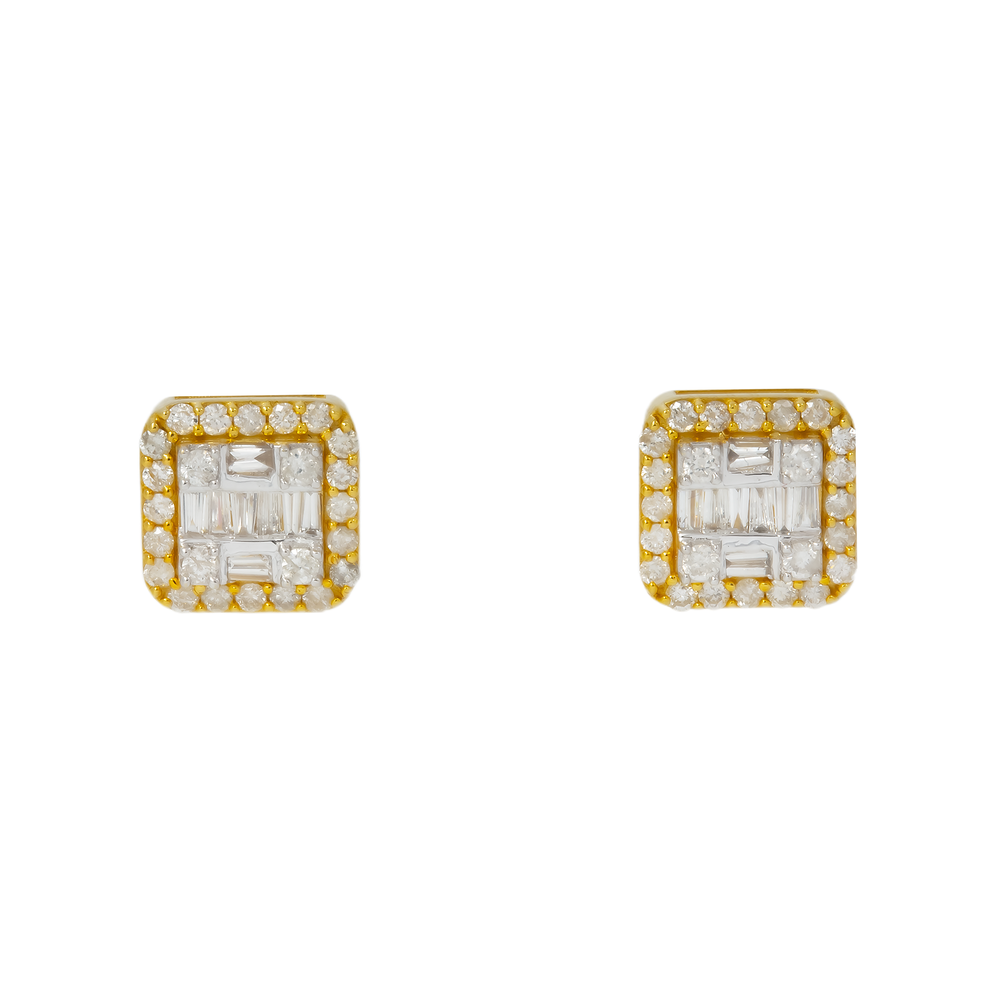 10K GOLD BAGUETTE AND ROUND DIAMOND CLUSTER SQUARE SHAPE EARRINGS 0.89 CTW
