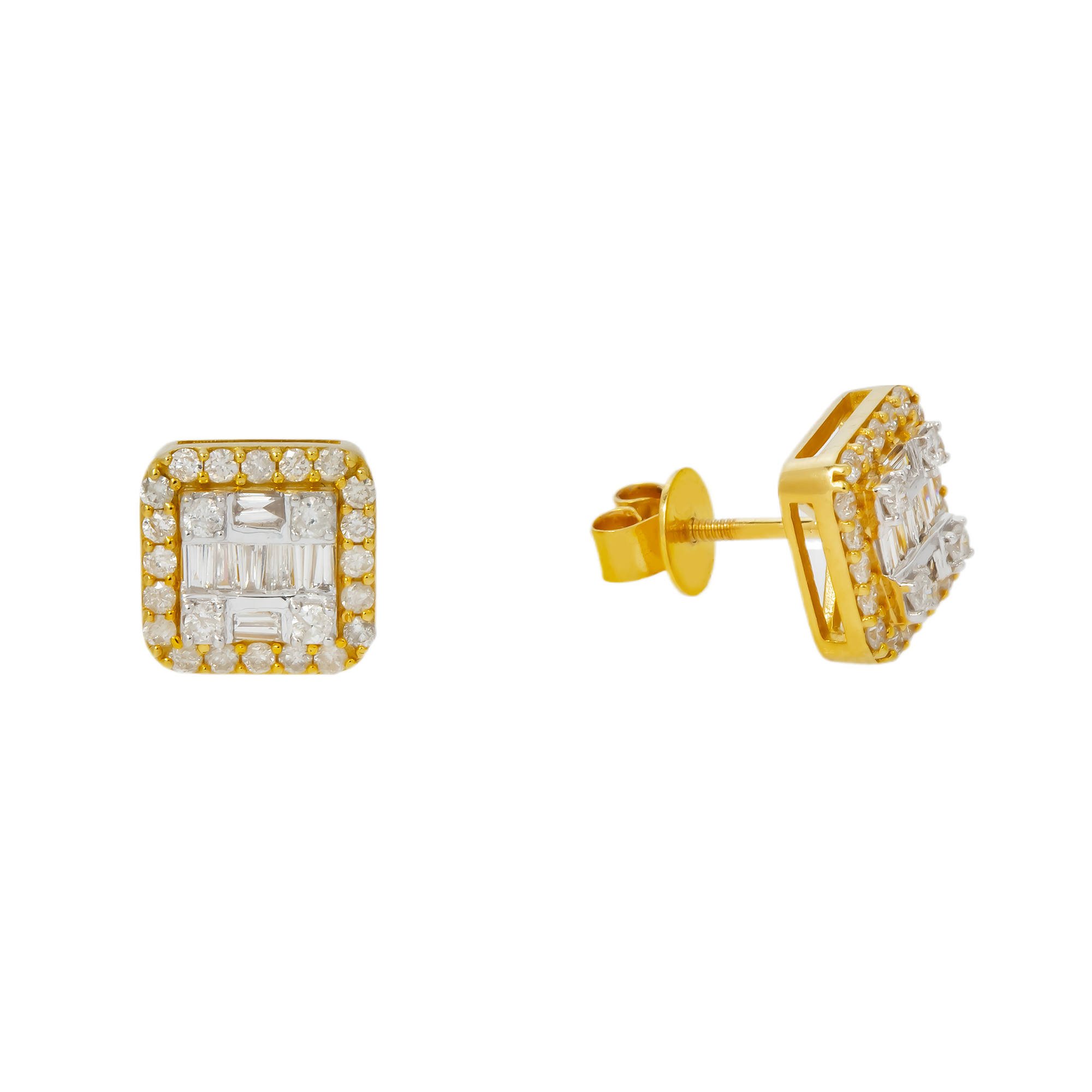 10K GOLD BAGUETTE AND ROUND DIAMOND CLUSTER SQUARE SHAPE EARRINGS 0.89 CTW