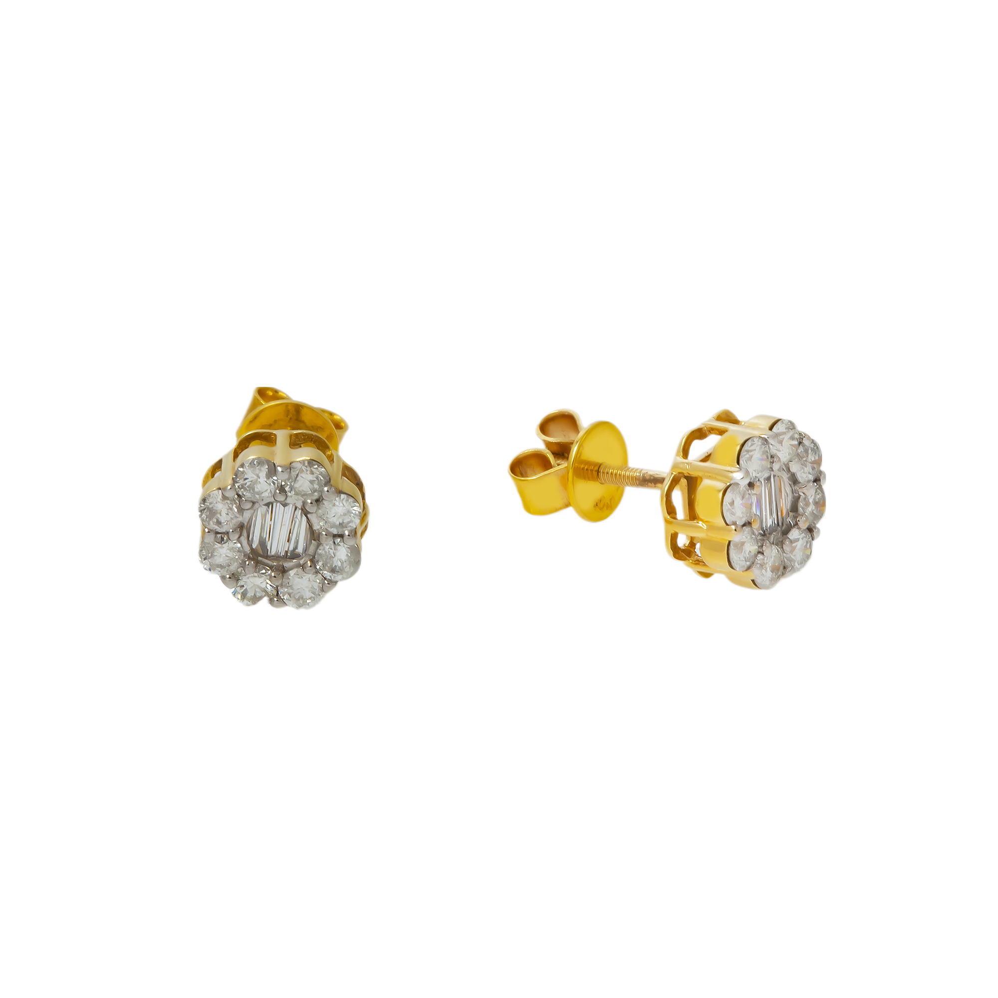 10K GOLD BAGUETTE AND ROUND DIAMOND FLOWER SHAPE EARRINGS 0.77 CTW
