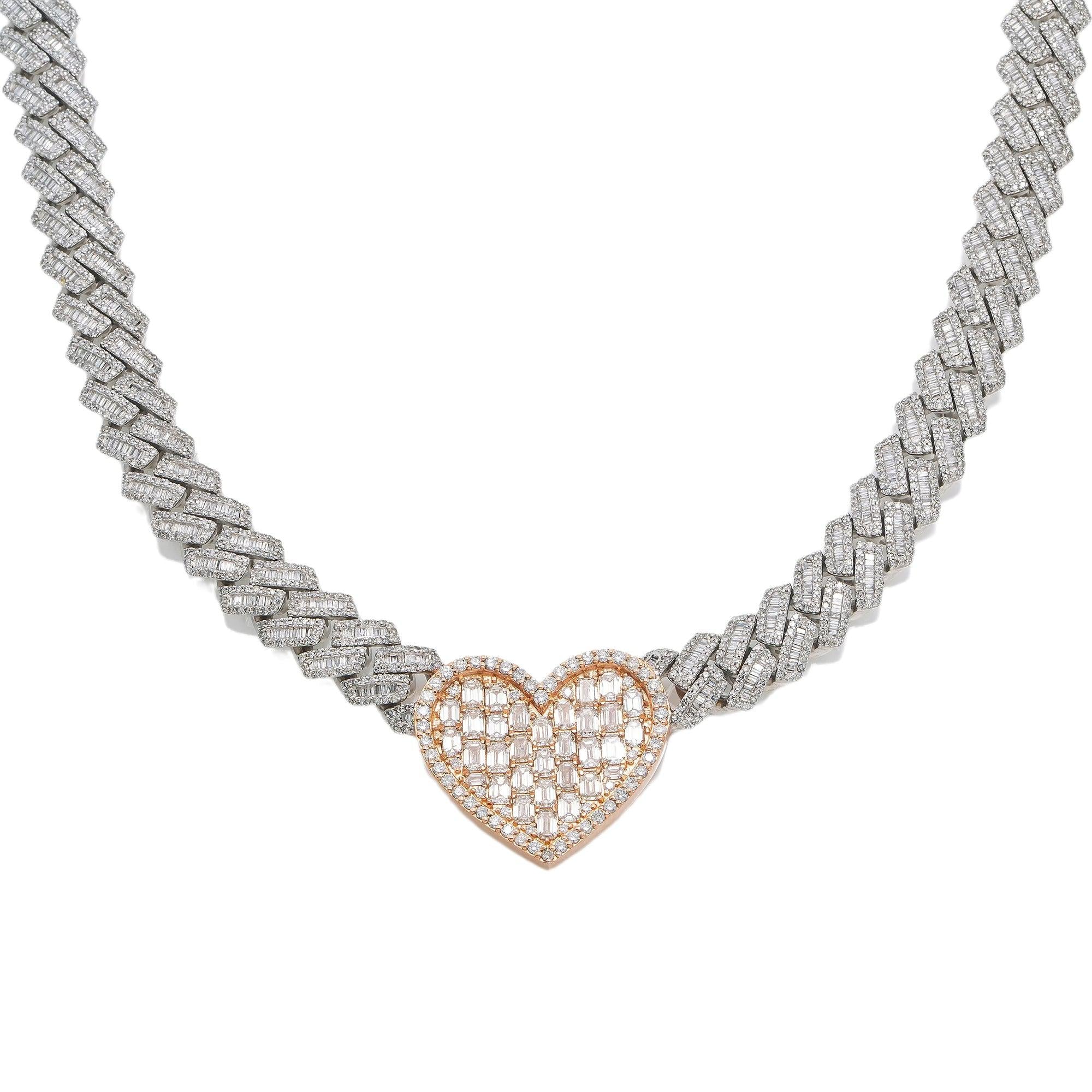 10K GOLD BAGUETTE DIAMOND 18" TWO TONE CUBAN LINK HEART CHAIN 23.16 CT