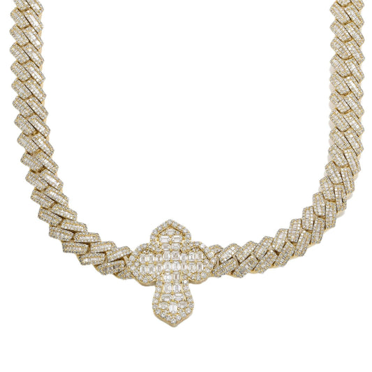 10K GOLD BAGUETTE AND ROUND DIAMOND PRONG CUBAN LINK CROSS CHAIN