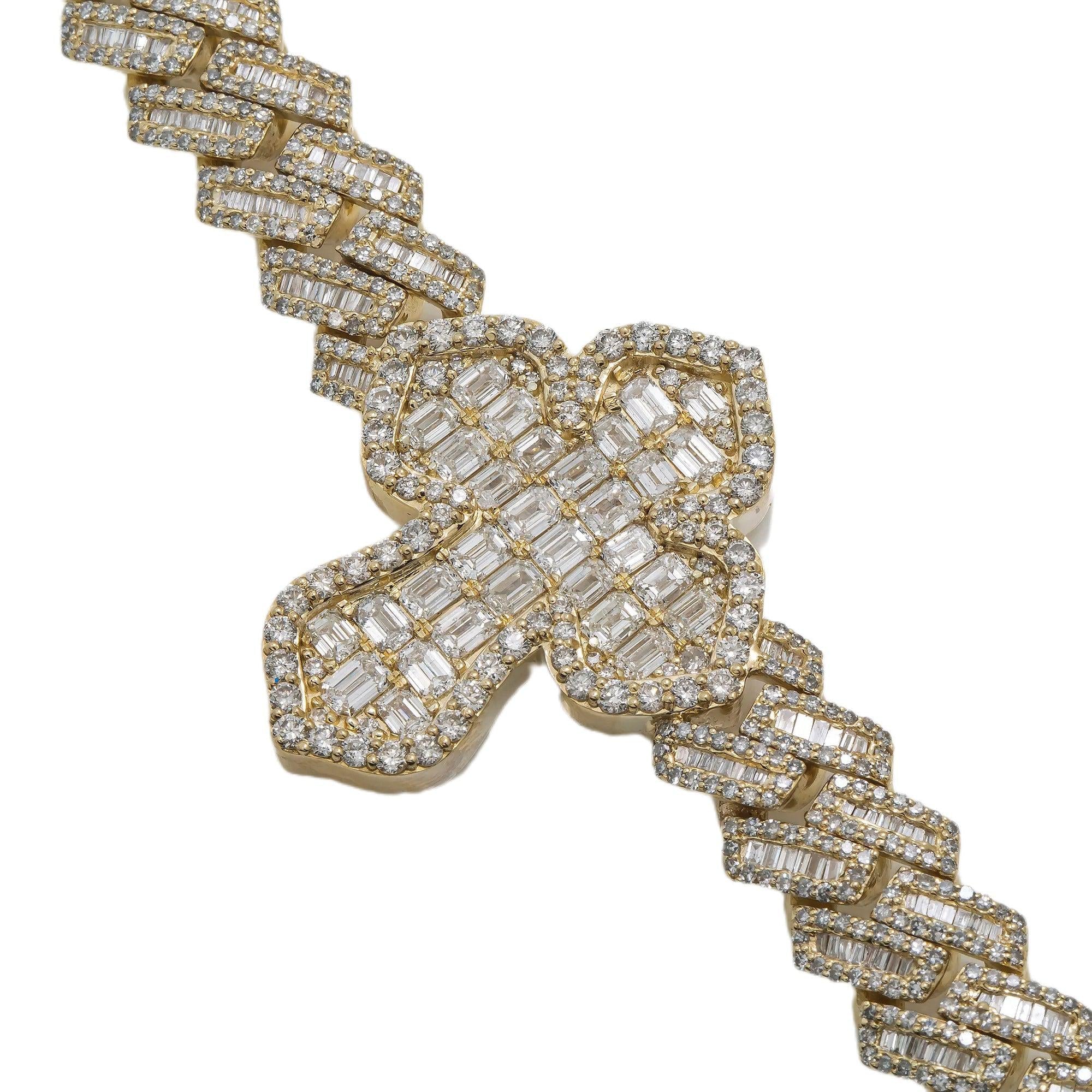 10K GOLD BAGUETTE AND ROUND DIAMOND PRONG CUBAN LINK CROSS CHAIN