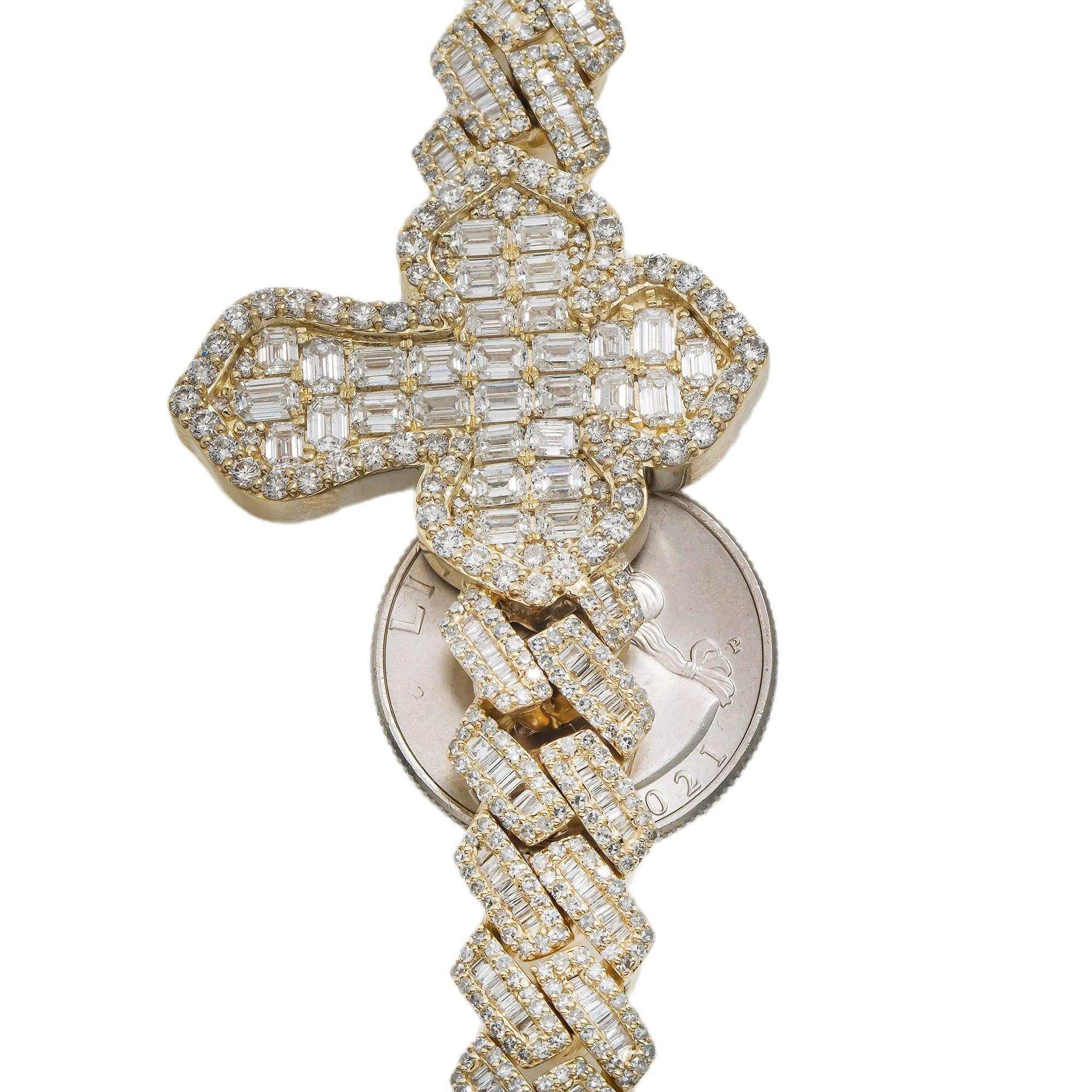 10K GOLD BAGUETTE AND ROUND DIAMOND PRONG CUBAN LINK CROSS CHAIN