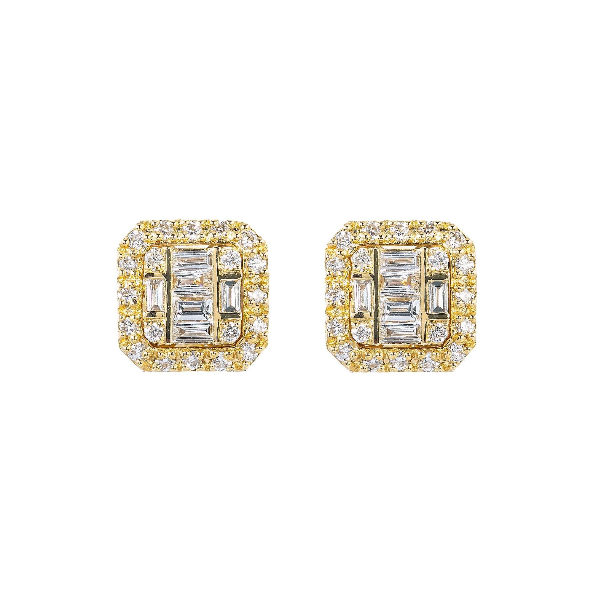 14K Yellow Gold Unisex Earrings with 0.21 Baguette CT Diamond