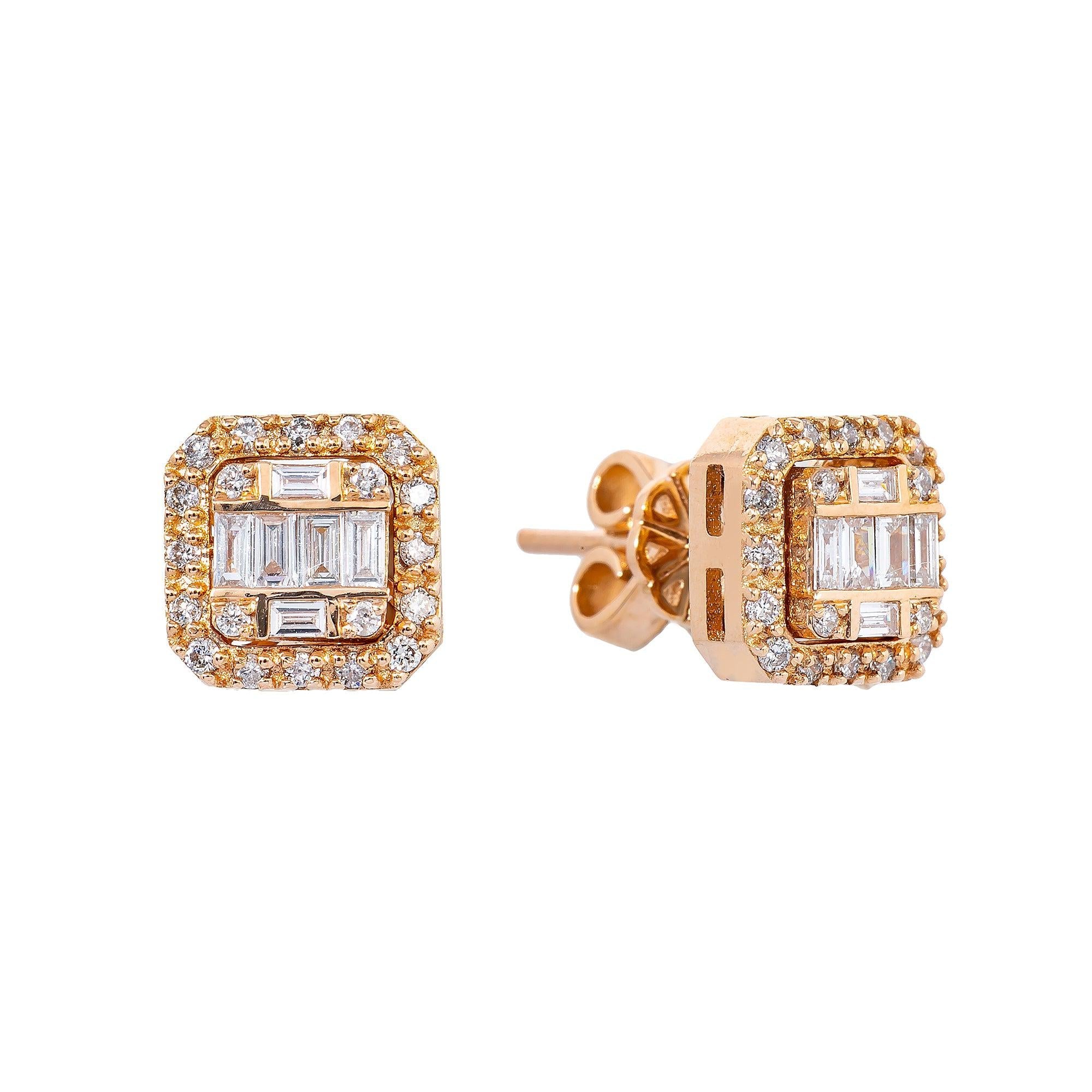 14K Rose Gold Unisex Earrings with 0.21 Baguette CT Diamond