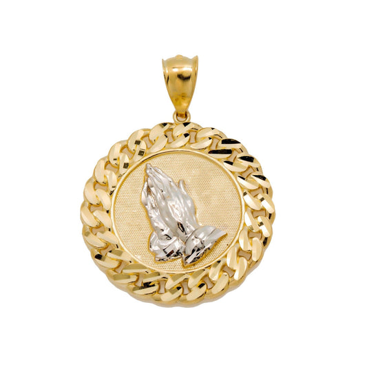 10K GOLD PRAYING HANDS COIN PENDANT 1.8"