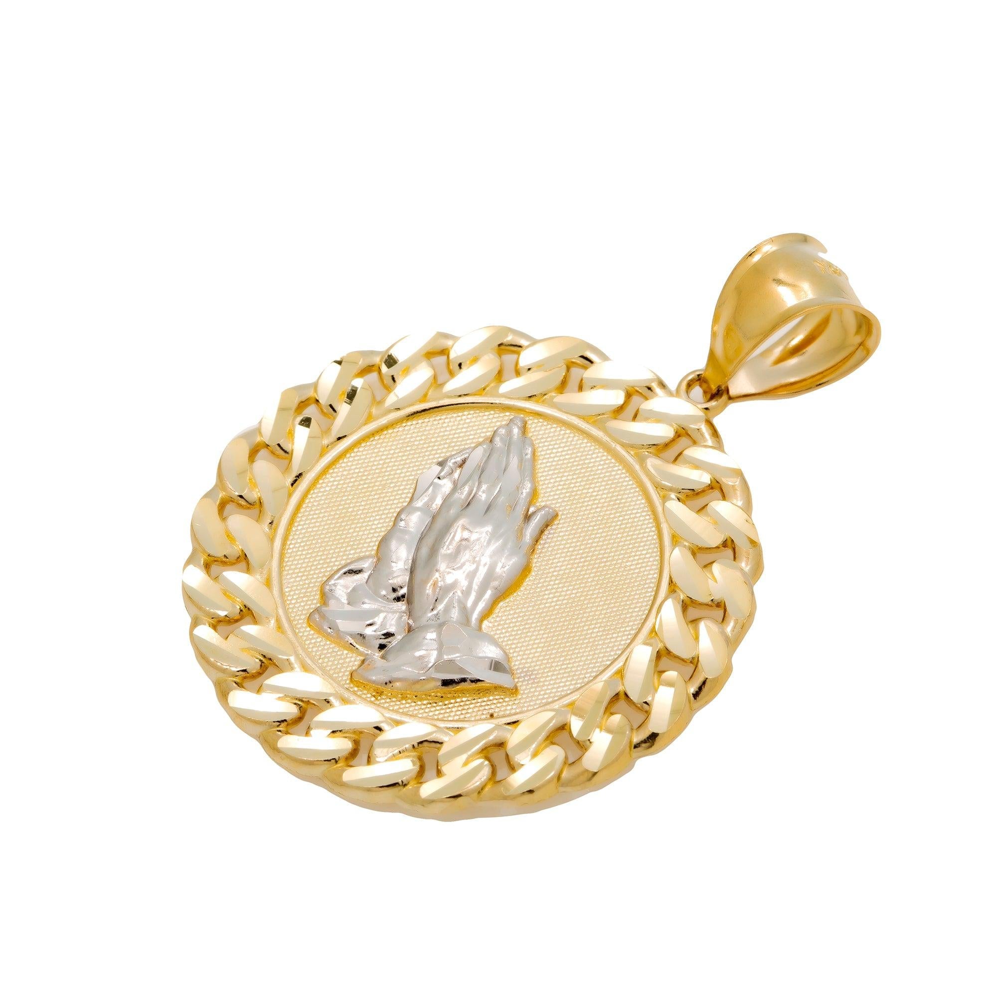 10K GOLD PRAYING HANDS COIN PENDANT 1.8"