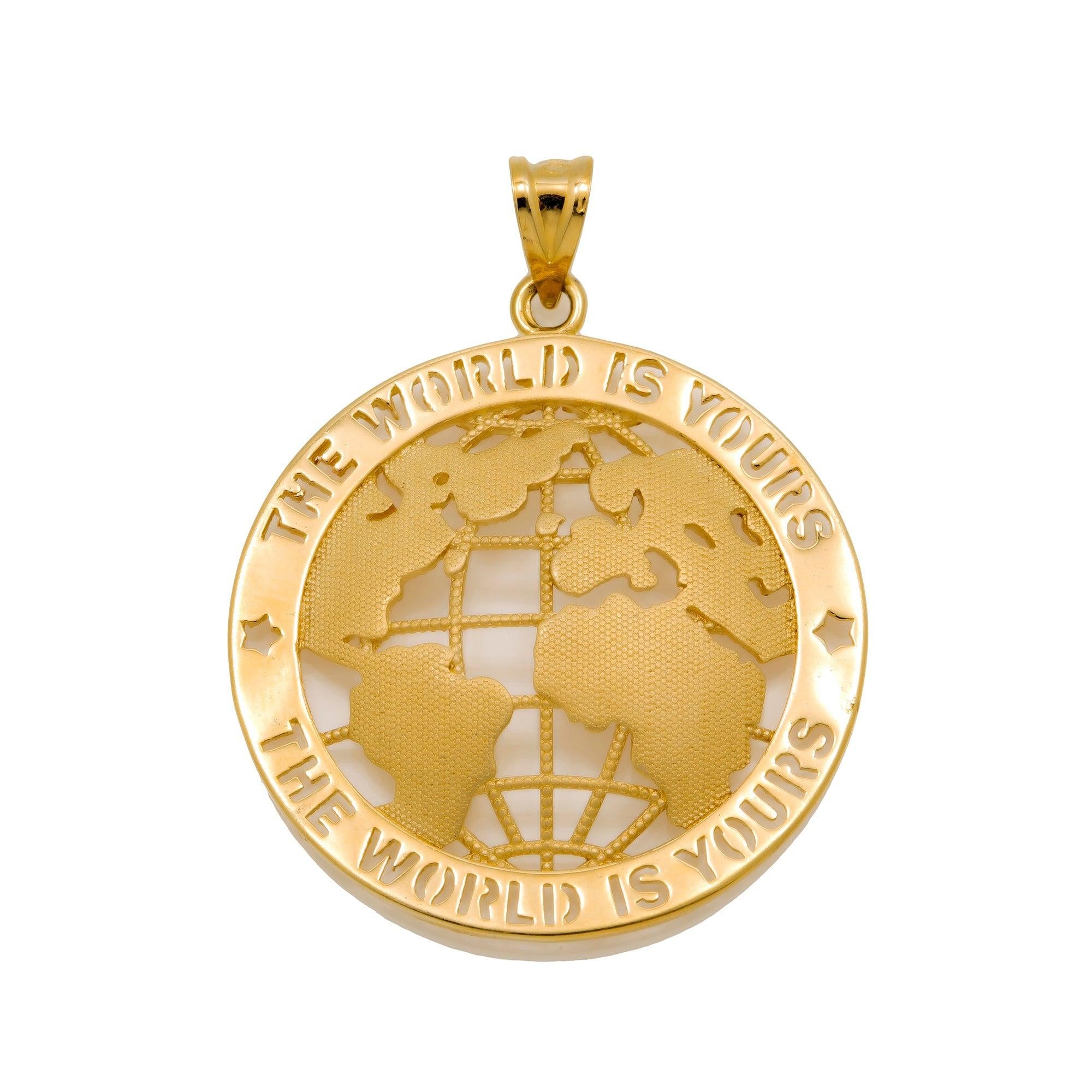 10K GOLD THE WORLD IS YOURS PENDANT 1.75"