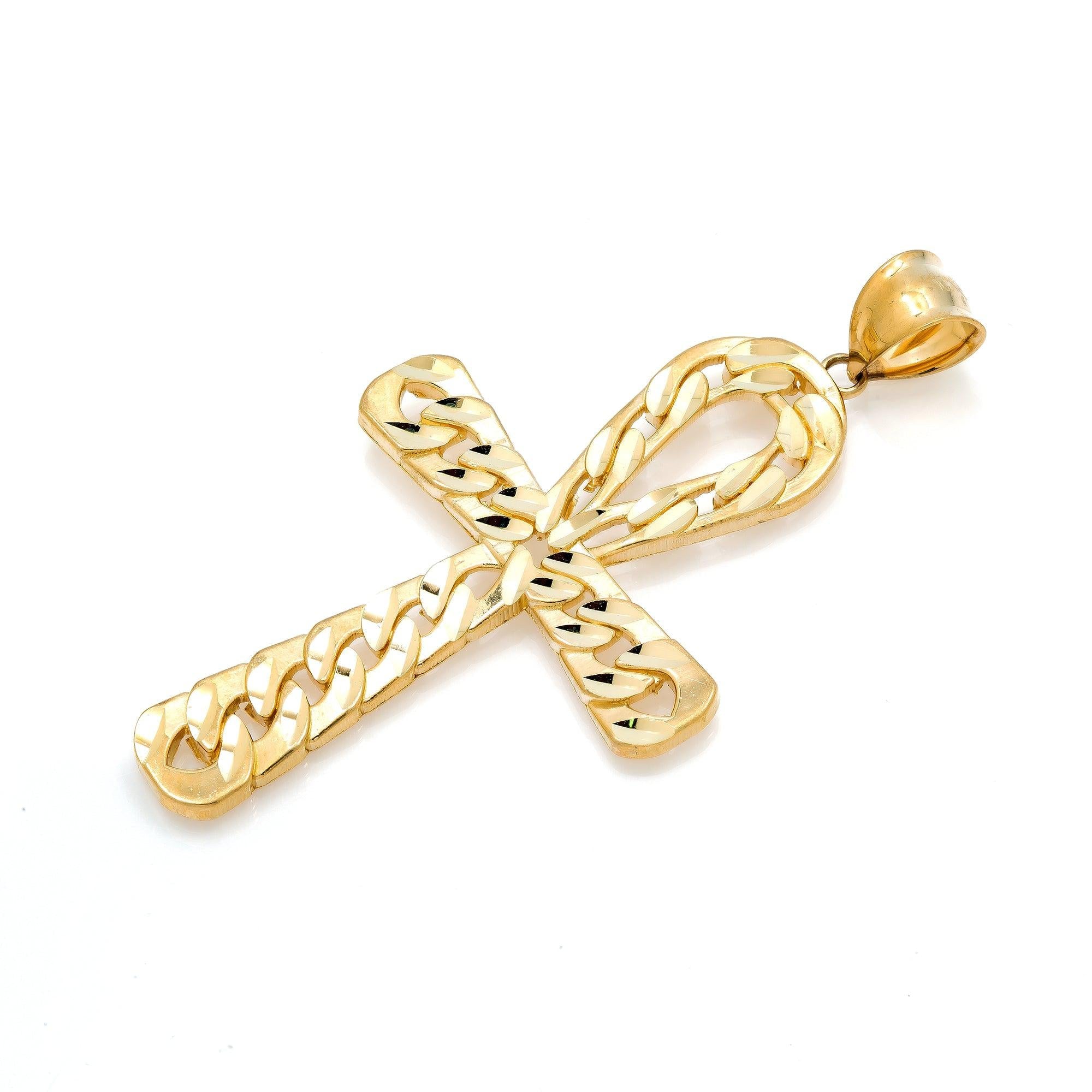 10K GOLD CUBAN LINK ANKH PENDANT 2.4"