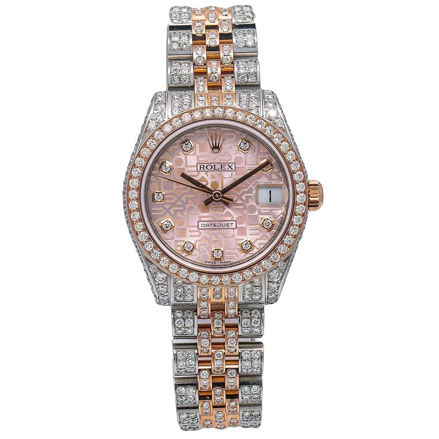 Rolex Datejust 31MM 178271 Pink Pattern Diamond Dial Diamond Bezel Two Tone Full Diamond Jubilee Bracelet 7.25ct